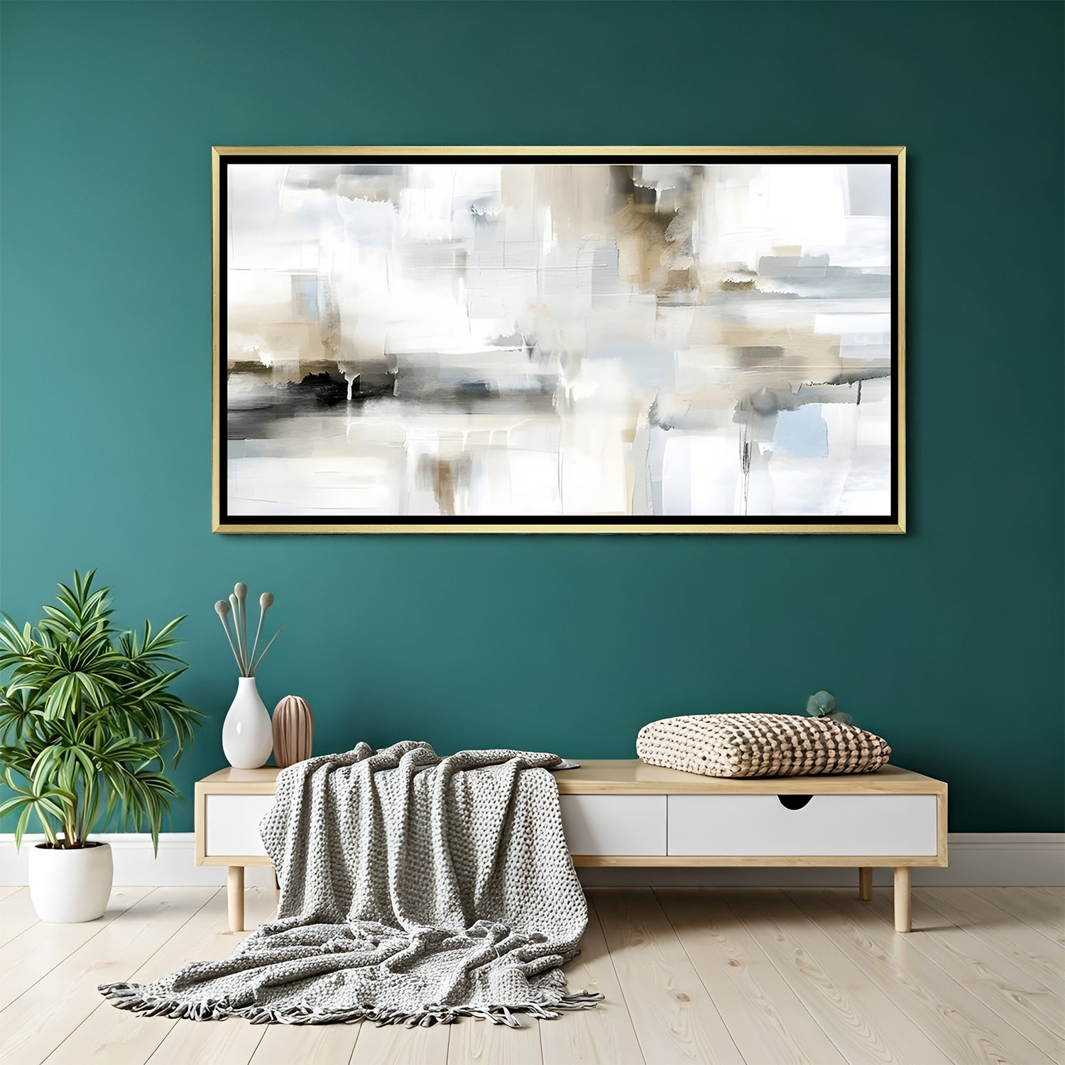 Neutral abstract canvas wall art in soft beige and grey tones with golden floater frame displayed in elegant modern living room decor