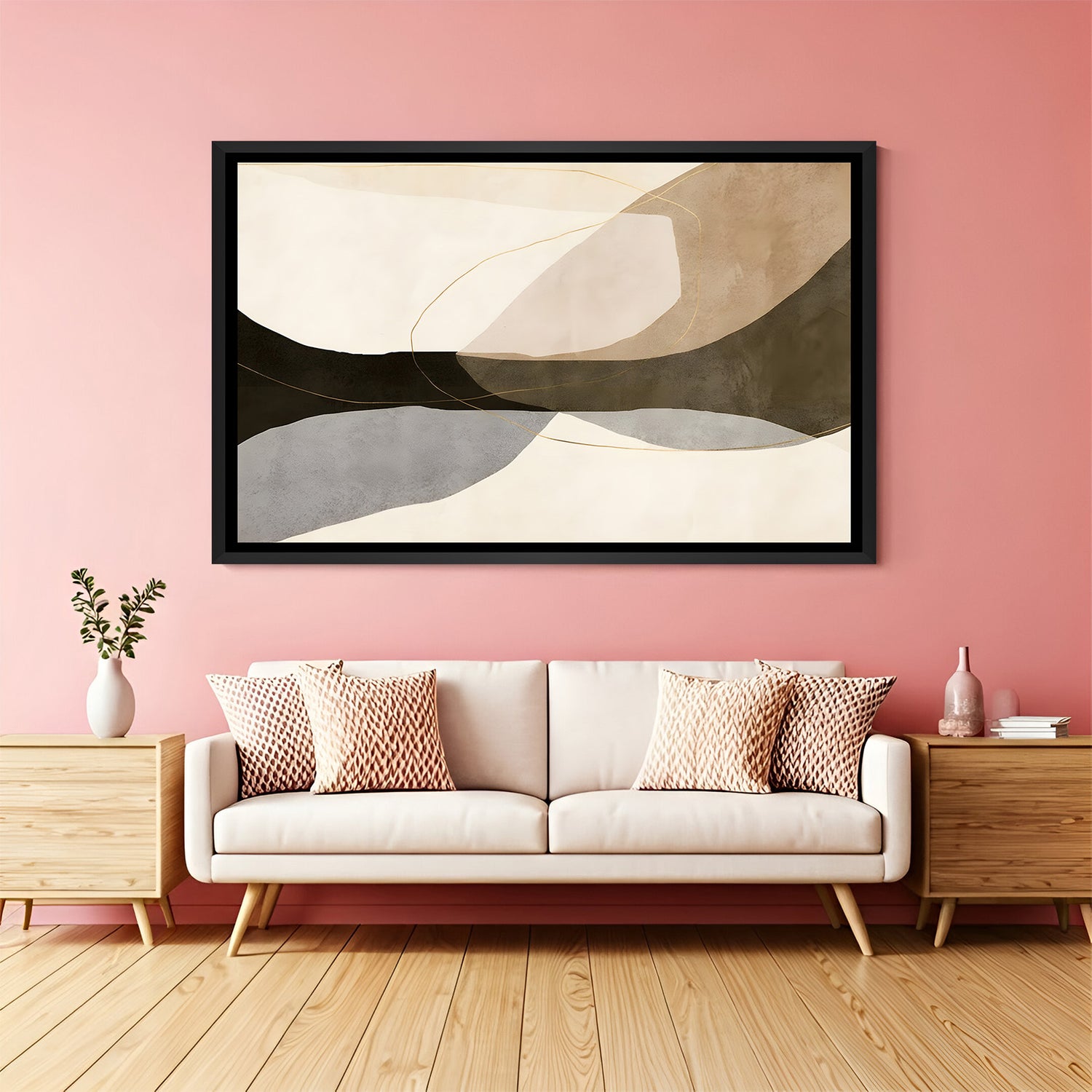 Modern neutral abstract painting with smooth curves in black frame