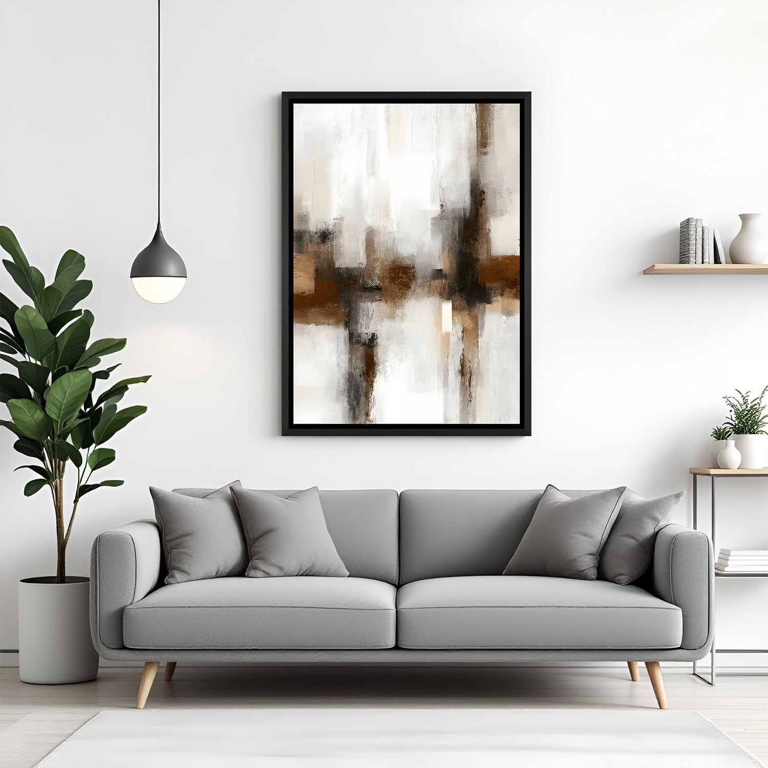 Minimal abstract neutral painting in black floater frame