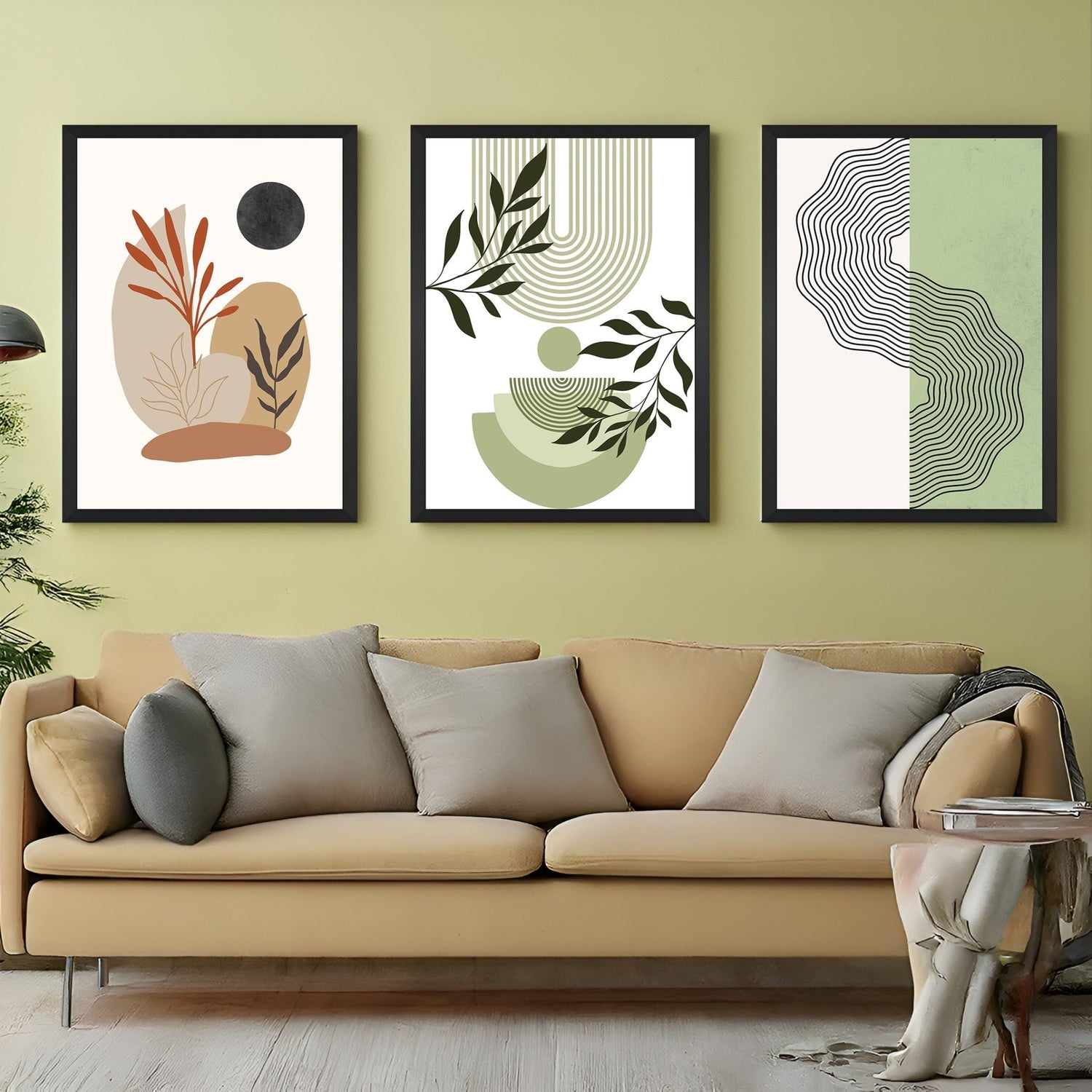 Minimal boho abstract canvas prints in a set of 3 with calming tones and artistic forms – ideal for stylish and serene home decor