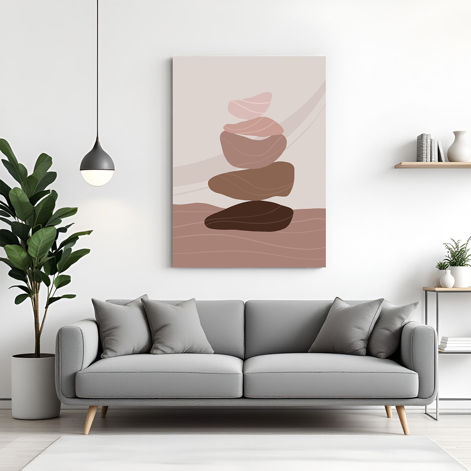 Canvas wall art with pebble-on-pebble composition in varied neutral tones and boho minimal style
