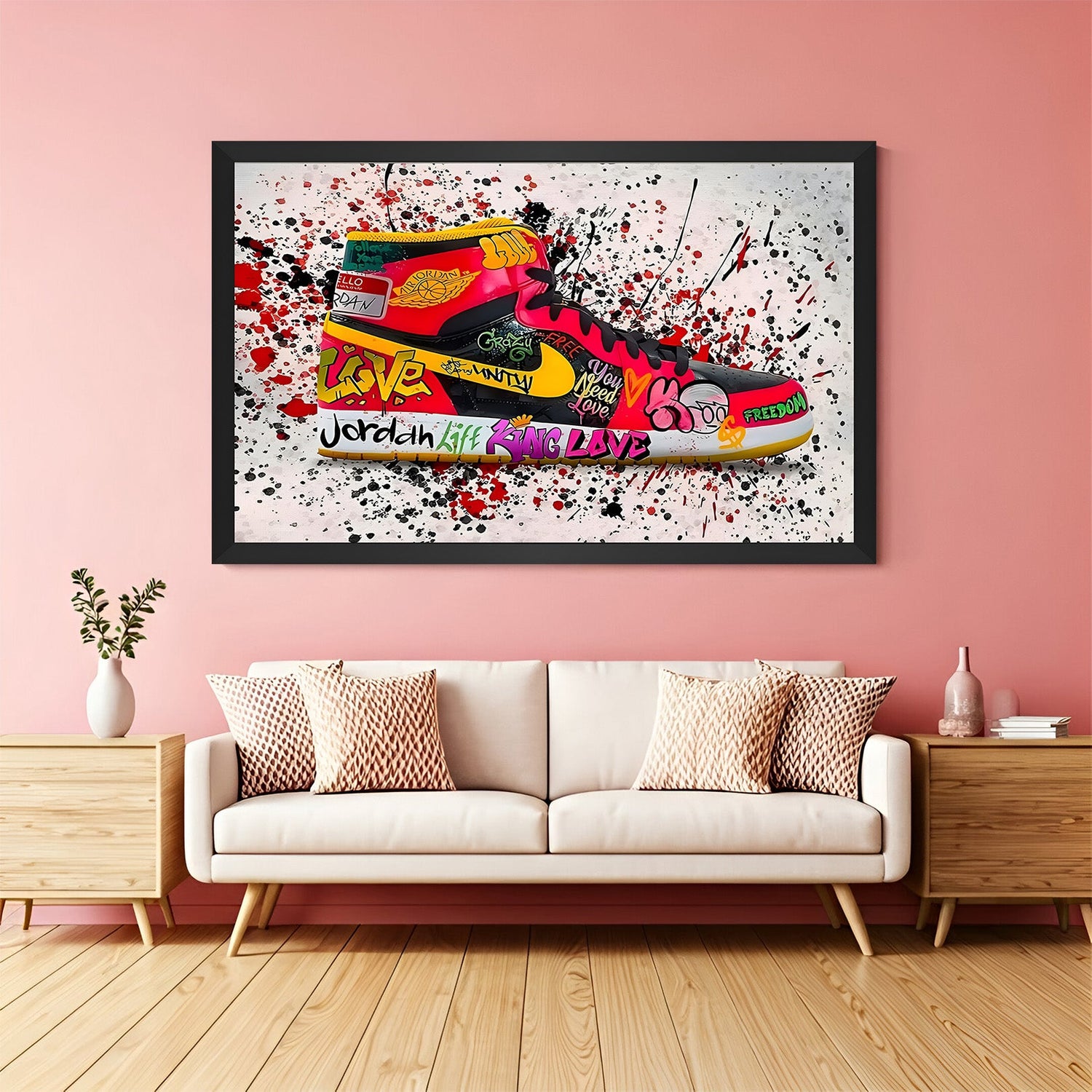 Nike sneaker canvas wall art in black frame – abstract paint splash artwork