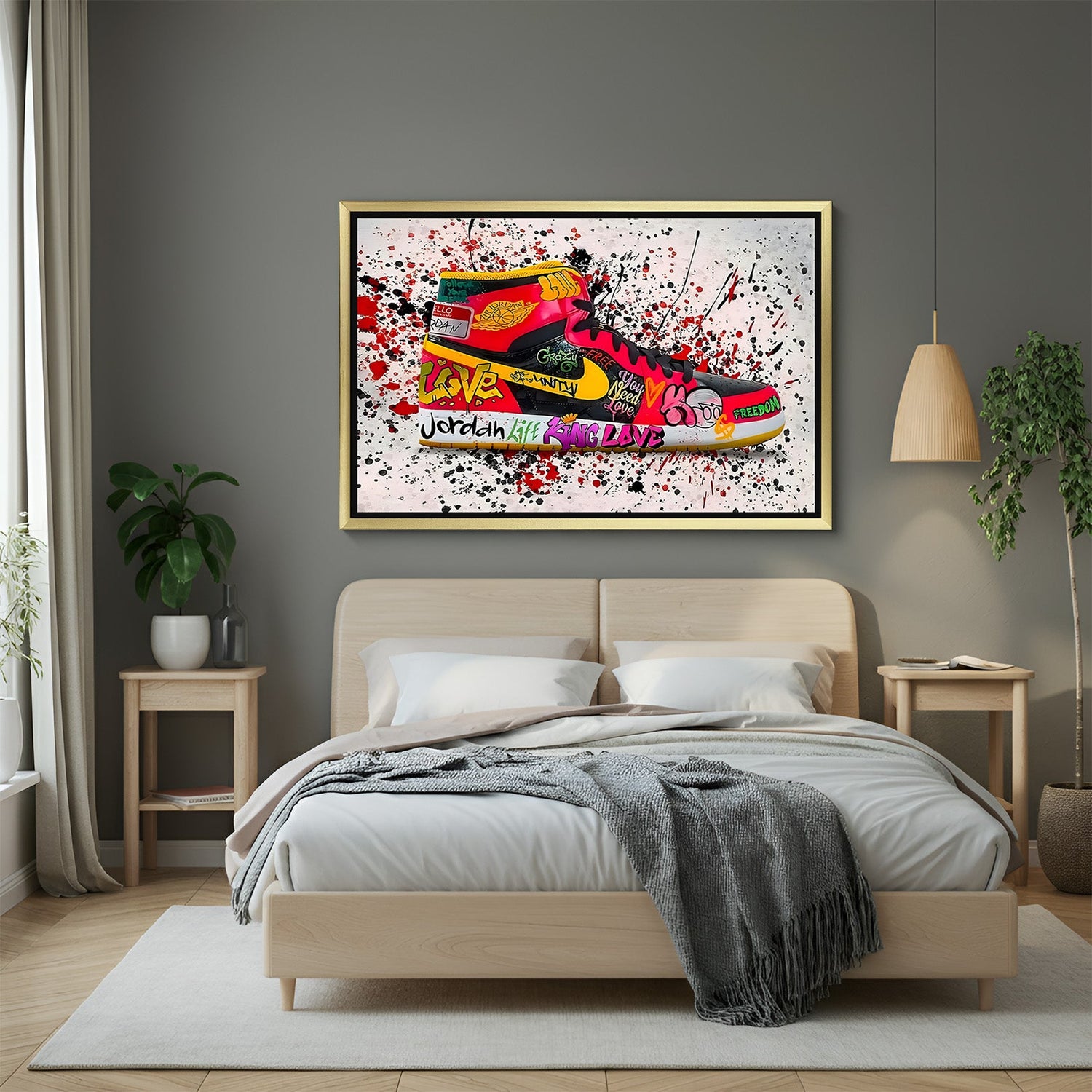 Nike sneaker abstract wall painting in golden floater frame – modern canvas art
