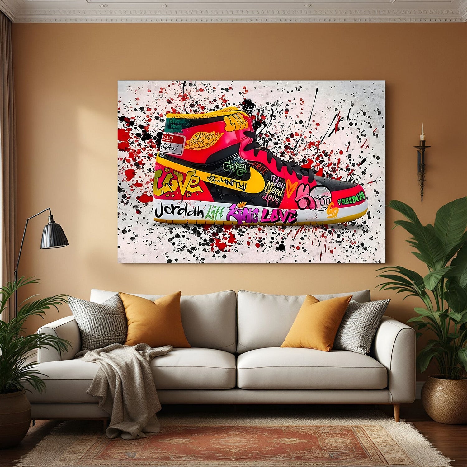 Nike sneaker abstract wall art with colorful paint splashes – modern canvas decor