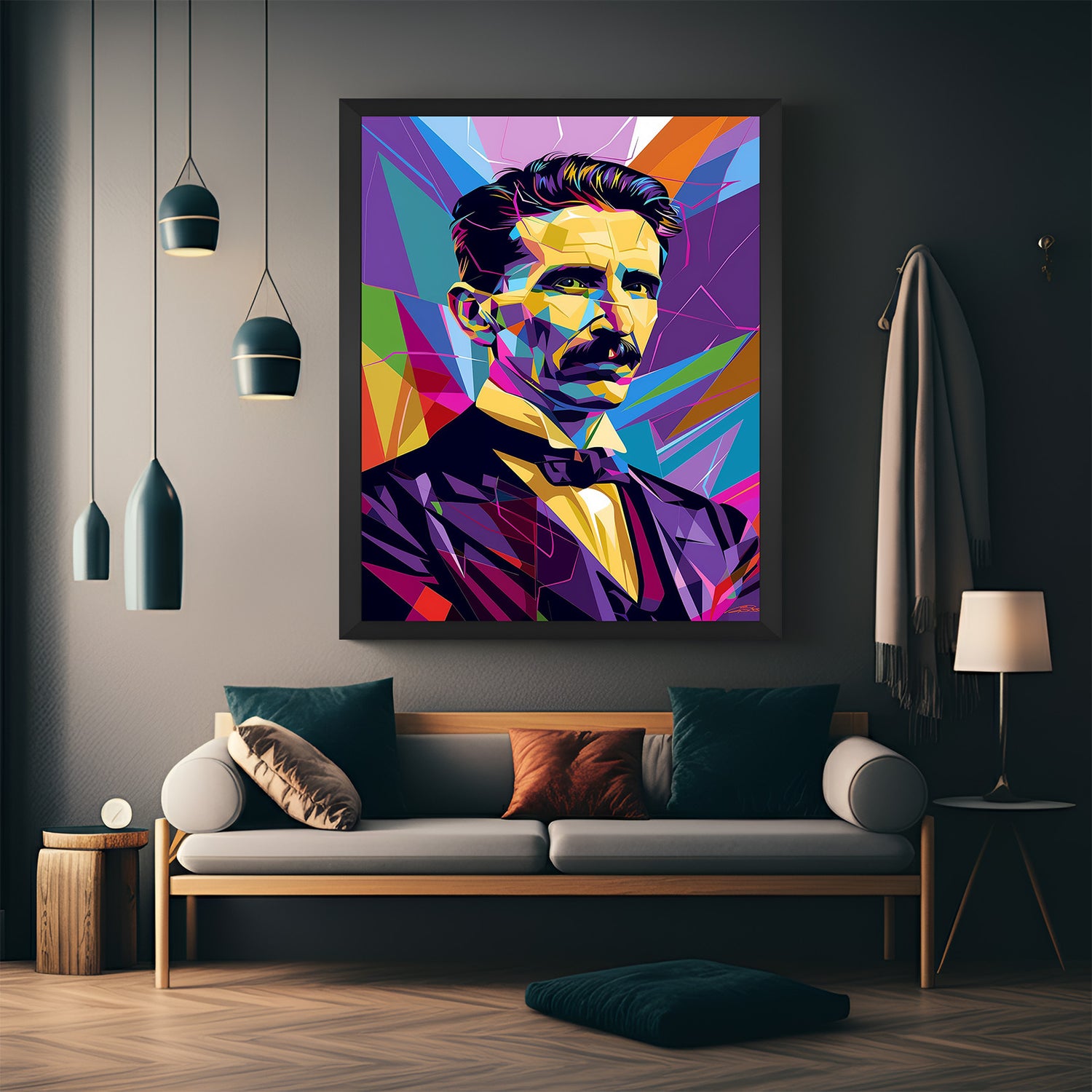Framed geometric style canvas of Nikola Tesla in black frame, ideal for modern office walls, libraries, and intelligent decor spaces