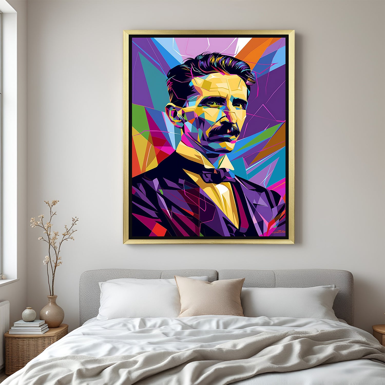 Golden framed canvas print of Nikola Tesla in abstract geometric style, perfect for stylish home or office with a tech-savvy modern look