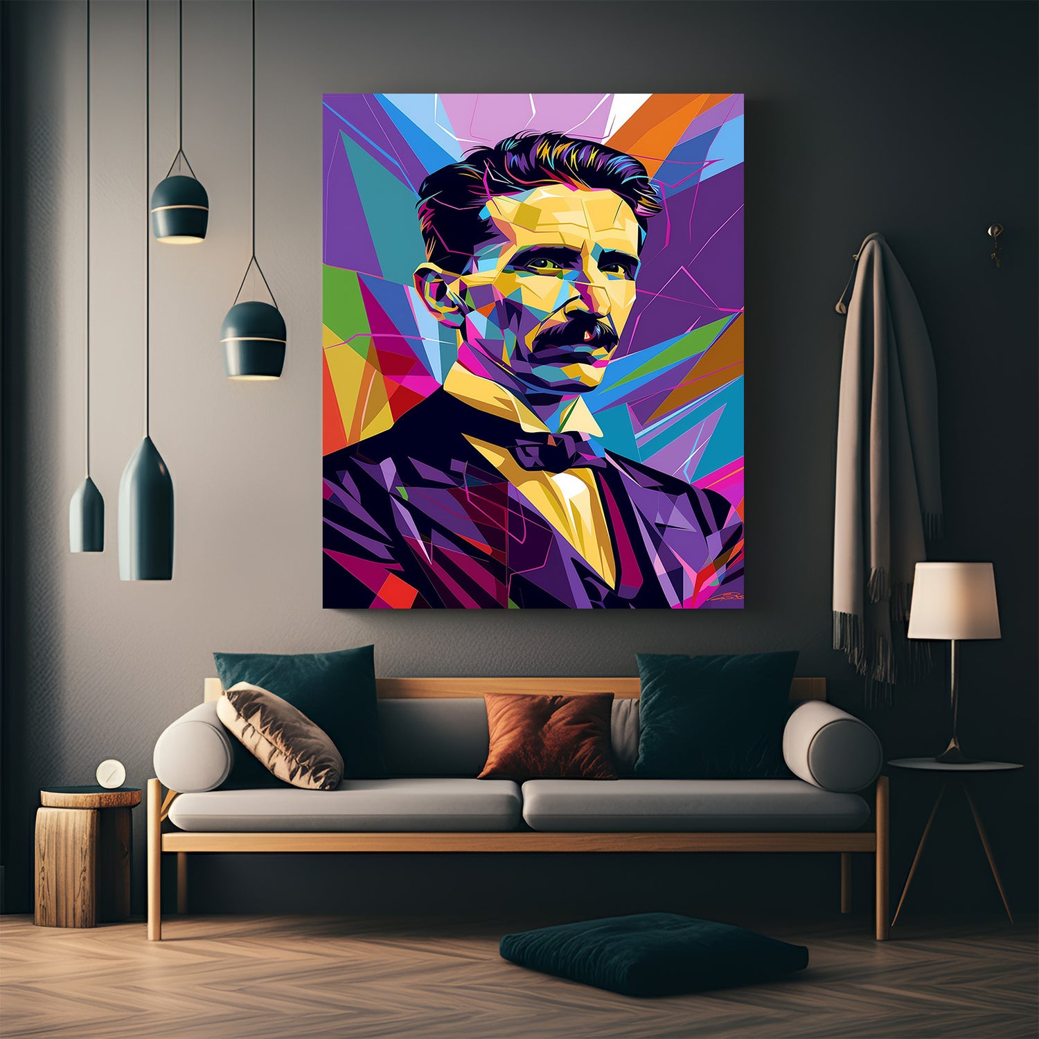 Modern geometric art canvas featuring Nikola Tesla with abstract lines and tech-inspired design – perfect for science lovers and creative interiors