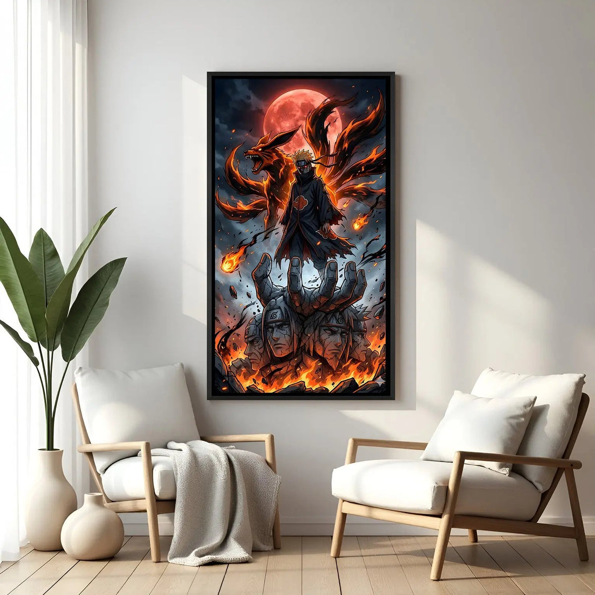 Naruto and Nine-Tailed Fox anime artwork in elegant black floater frame with dramatic chakra energy effects