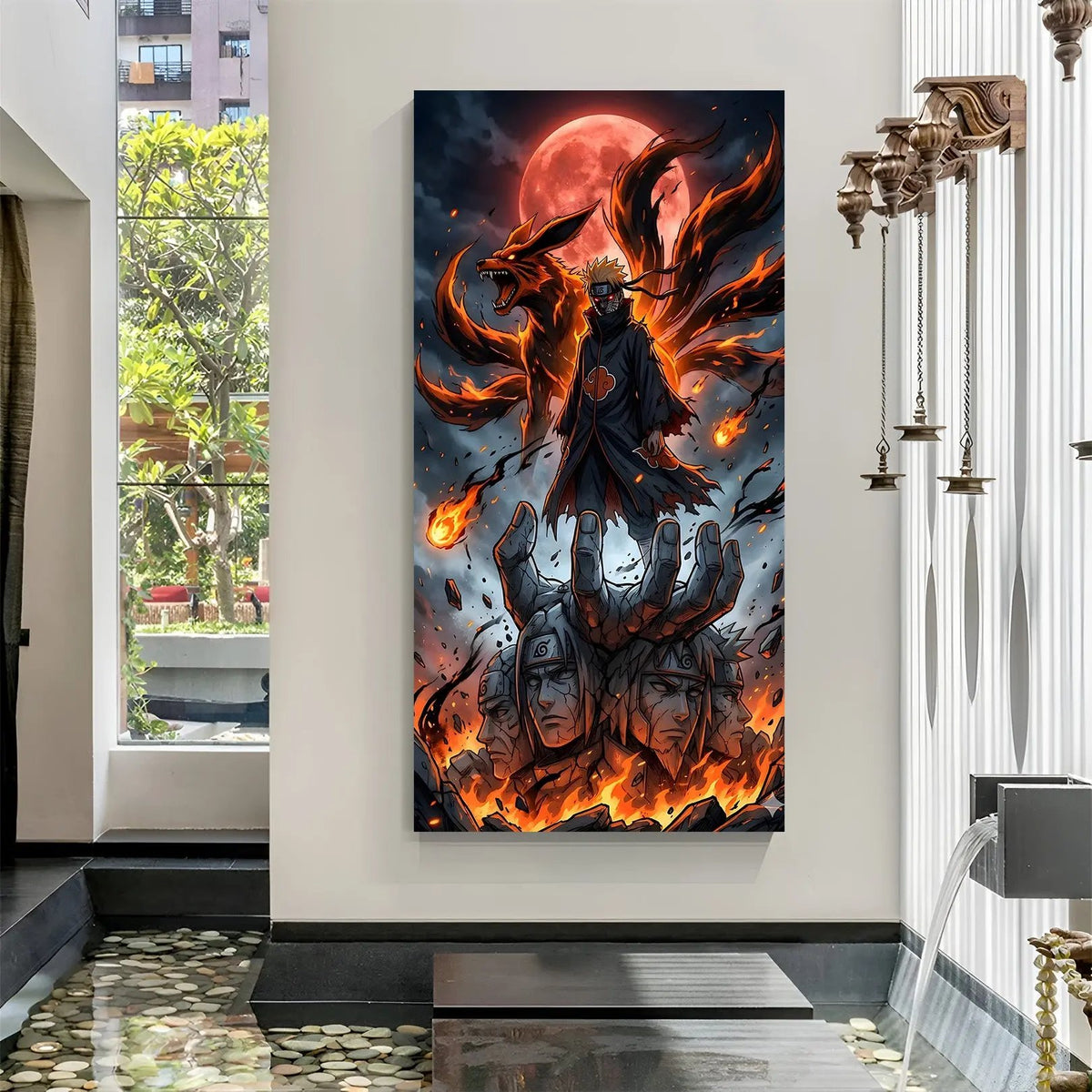 Naruto anime canvas wall art with powerful Nine-Tailed Fox behind him in premium canvas wrapped frame