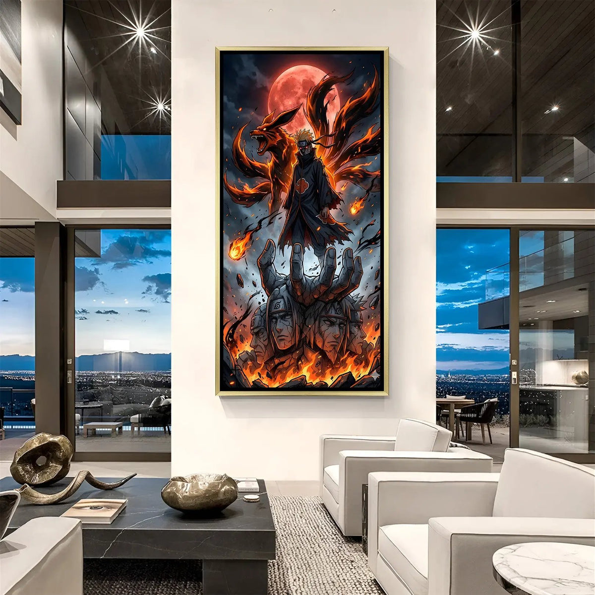 Luxury Naruto anime canvas artwork in golden floater frame featuring the legendary fox spirit and vibrant energy