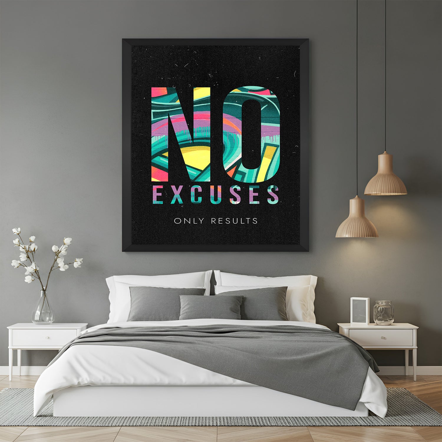 Motivational canvas print with black floater frame showing the quote No Excuses Only Results