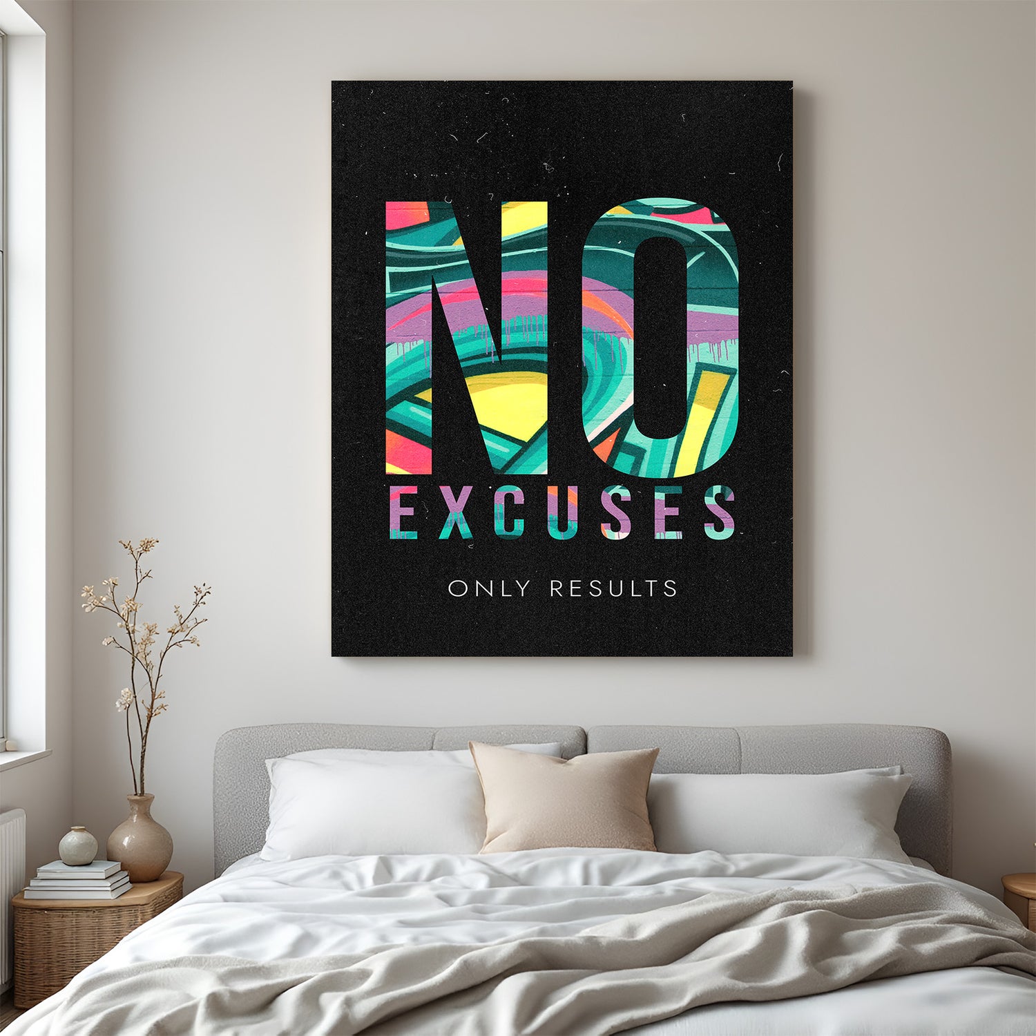 Main view of No Excuses Only Results motivational canvas wall art for office or gym decor