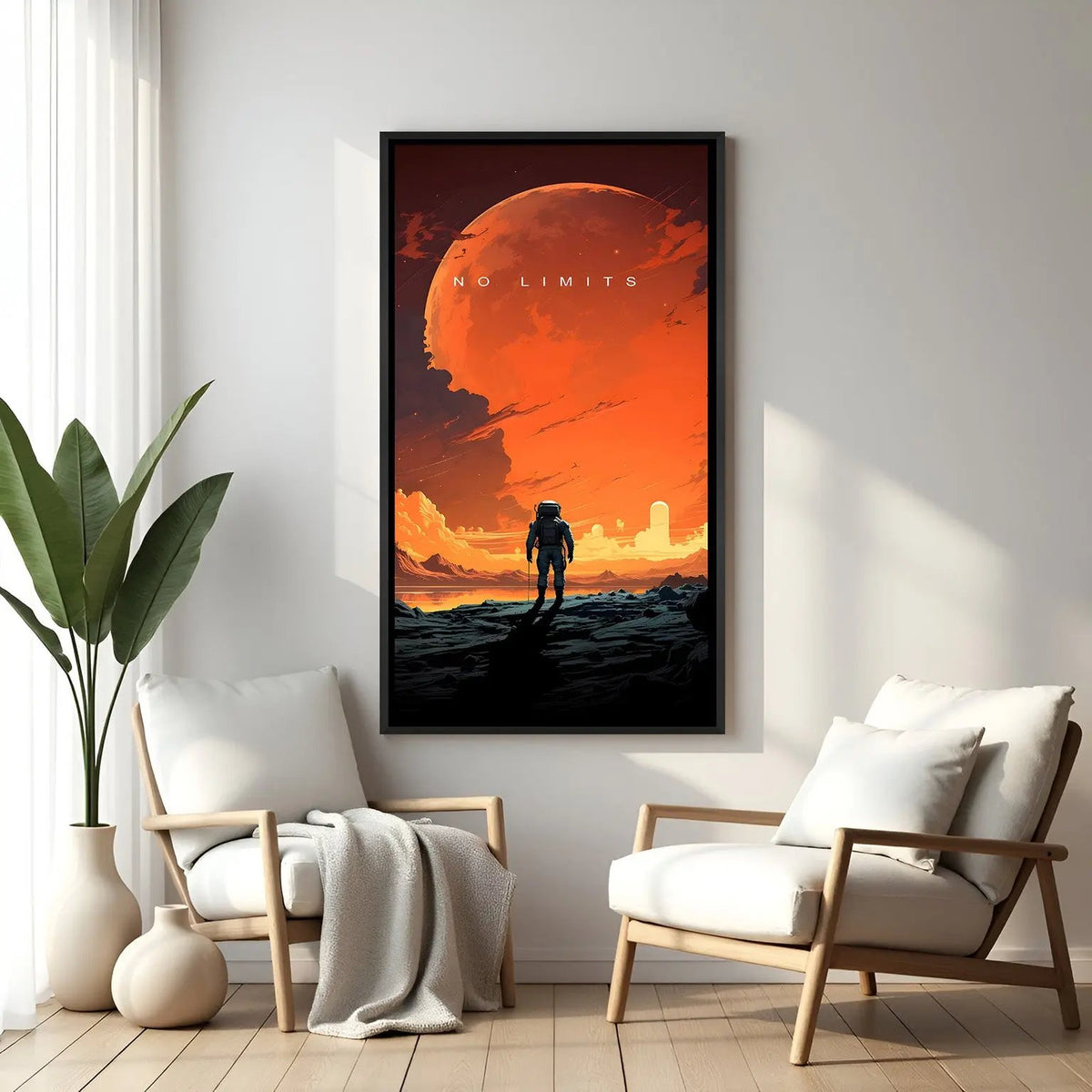 Space motivational wall art with No Limit quote in elegant black floater frame modern cosmic interior design