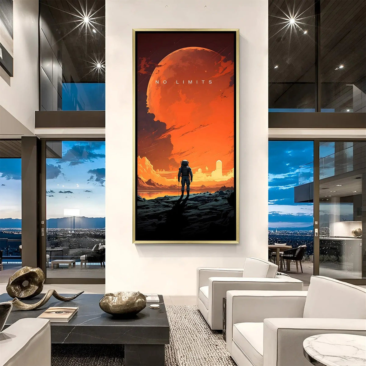 Luxury No Limit space canvas artwork in golden floater frame with infinite galaxy motivational theme