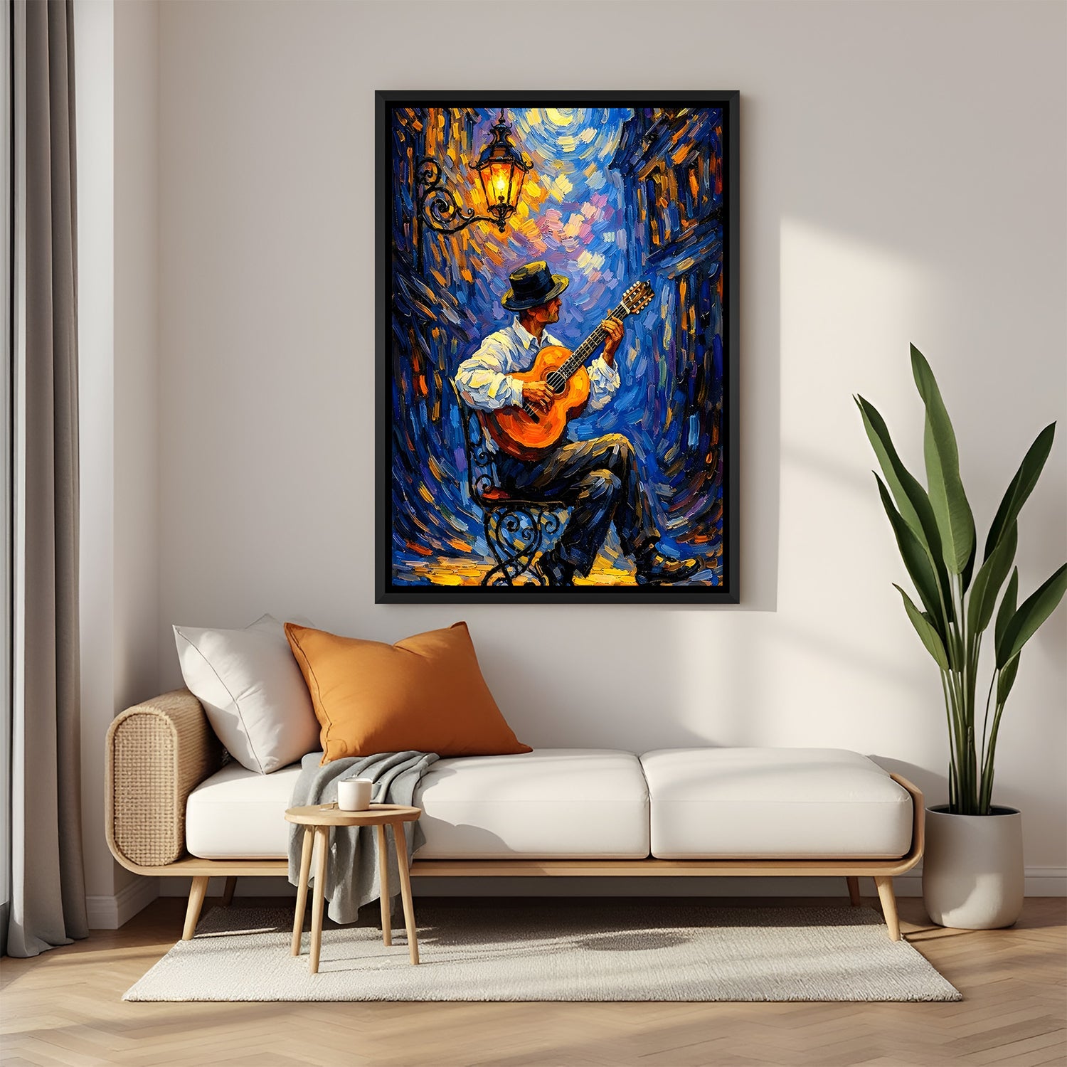 Man playing guitar at night modern canvas wall painting in elegant black floater frame