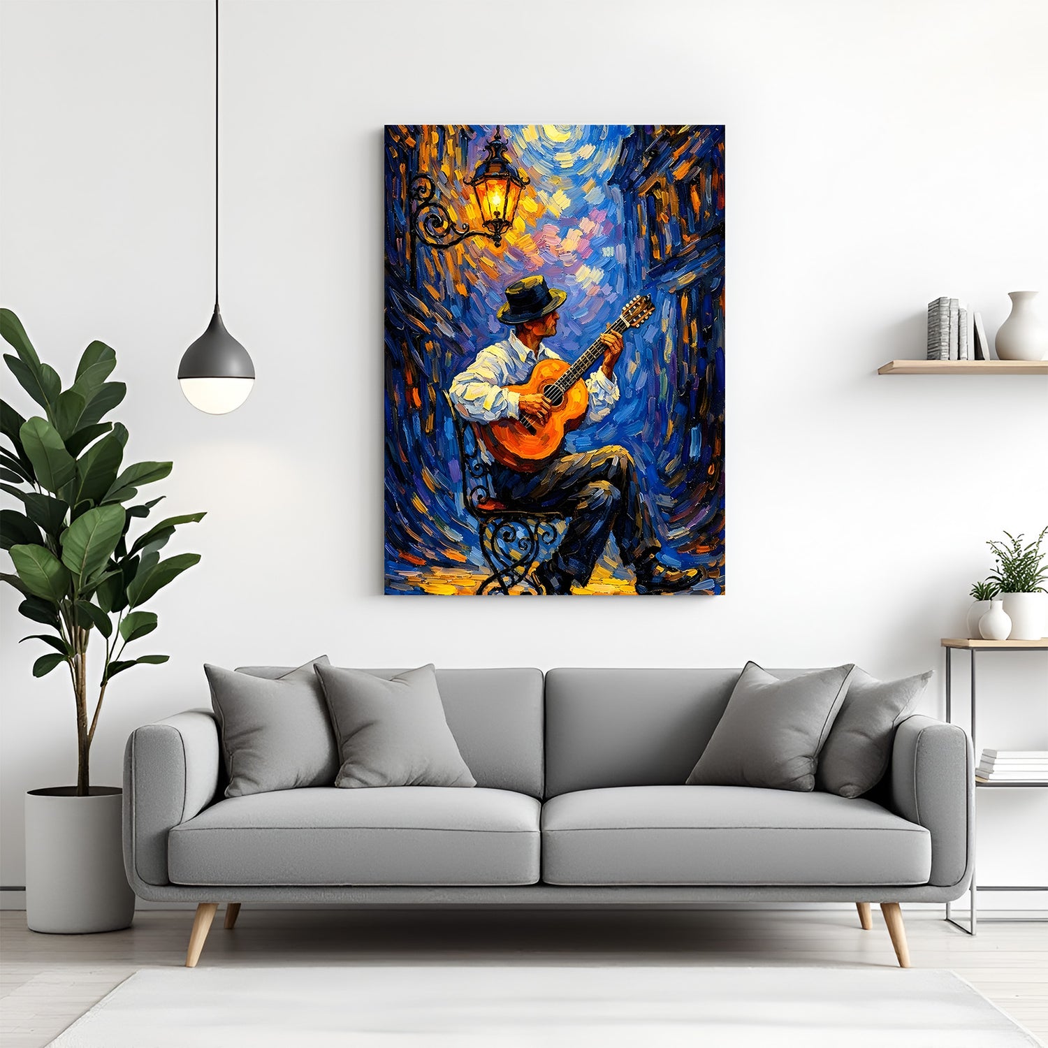 Modern art canvas of a man playing guitar at night in expressive painted style canvas wrapped frame