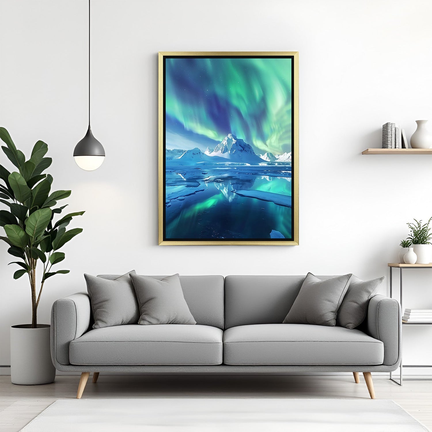 Winter northern lights canvas artwork in golden floater frame, blending snowy scenery with aurora colors for elegant seasonal wall art