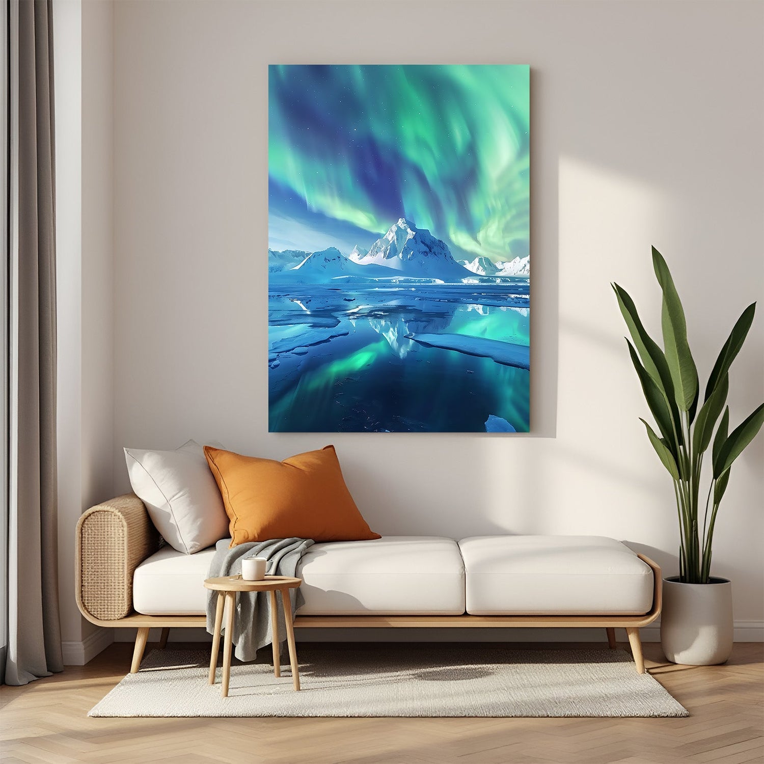 Canvas wall art of green and purple northern lights glowing over a snowy winter landscape, creating a calm and dreamy nature scene