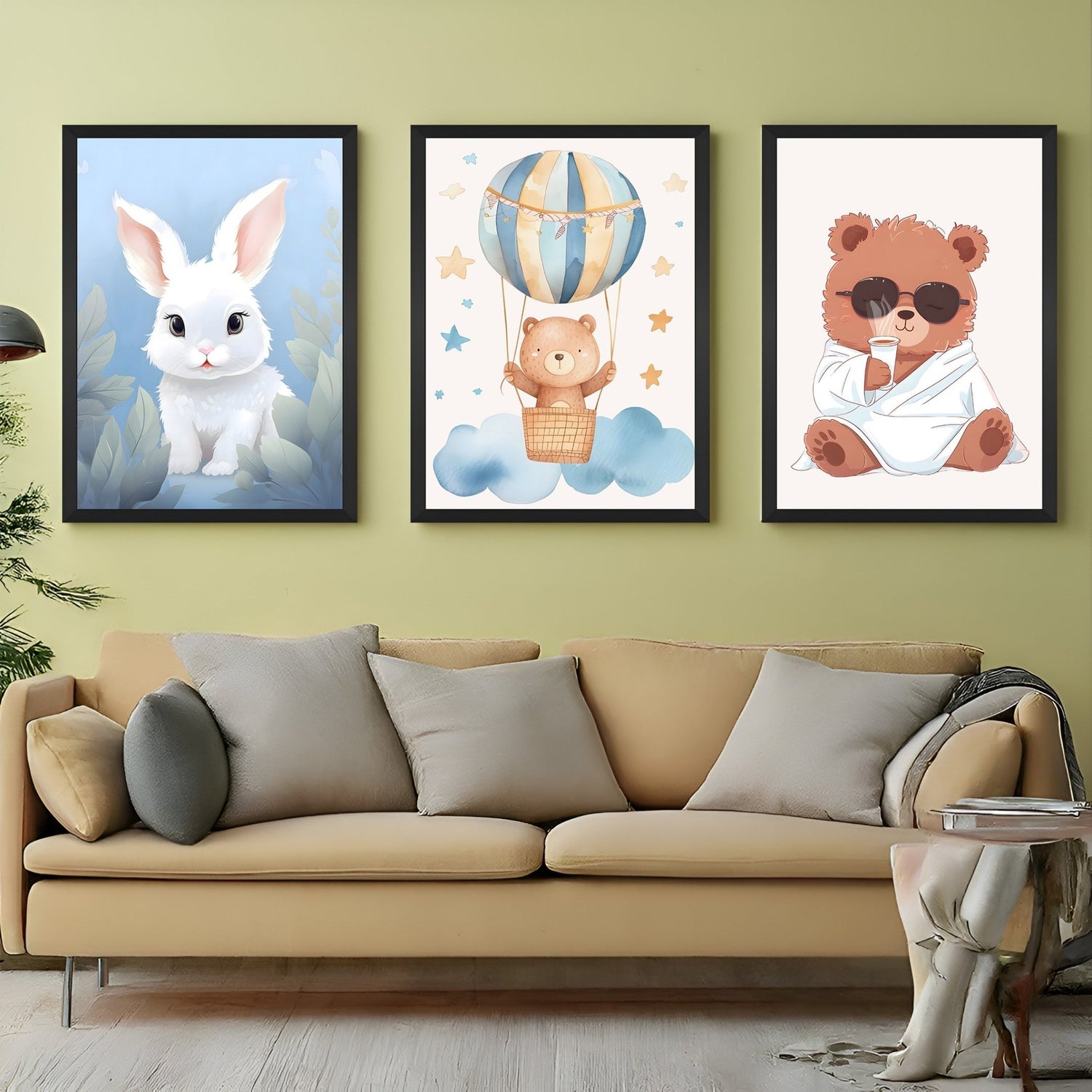 Canvas wall art for children featuring a rabbit and teddy bear in cozy, playful scenes – perfect for nursery or toddler room decor