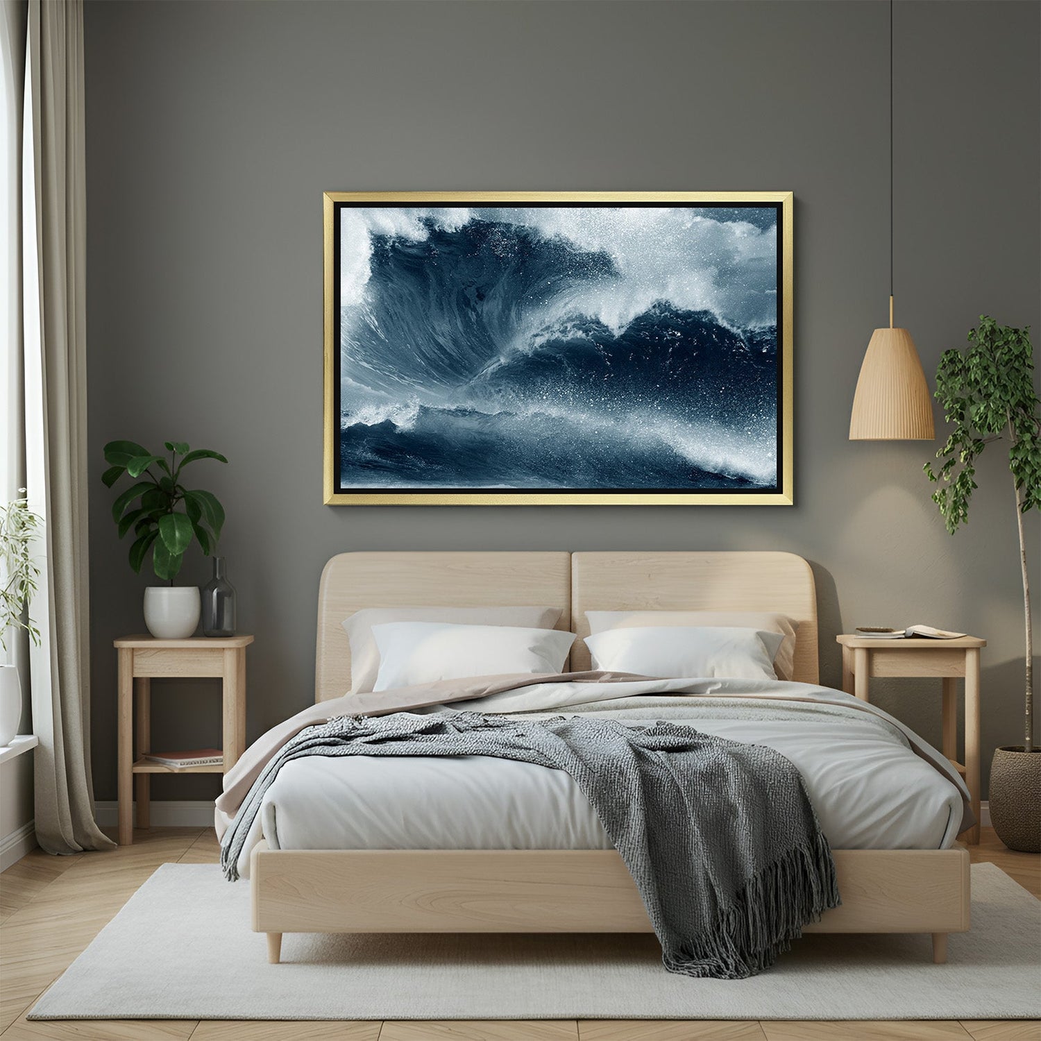 Sea water canvas print with swirling ocean waves, framed in a golden floater for rich, dynamic, and bold nature-themed wall decor