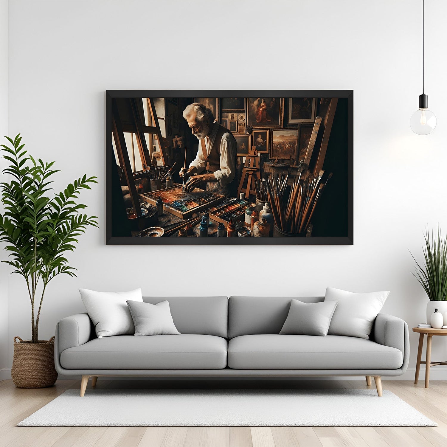 Black-framed canvas print showing an elderly painter working in a cozy art studio—ideal modern wall art for creative and vintage-inspired spaces