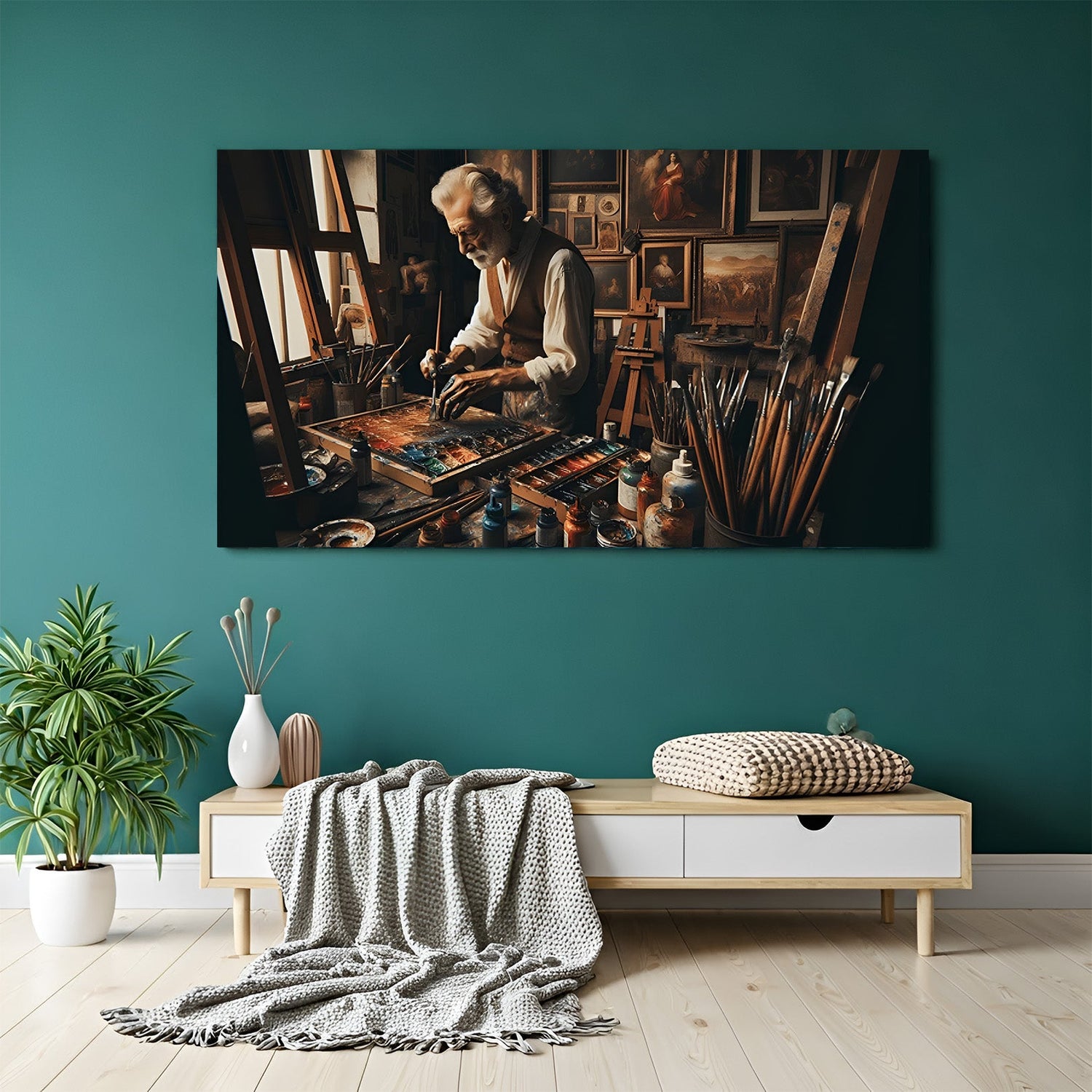 Modern art canvas of an old man painting in his studio—expressive, nostalgic artwork capturing creativity and passion in a vintage art shop scene