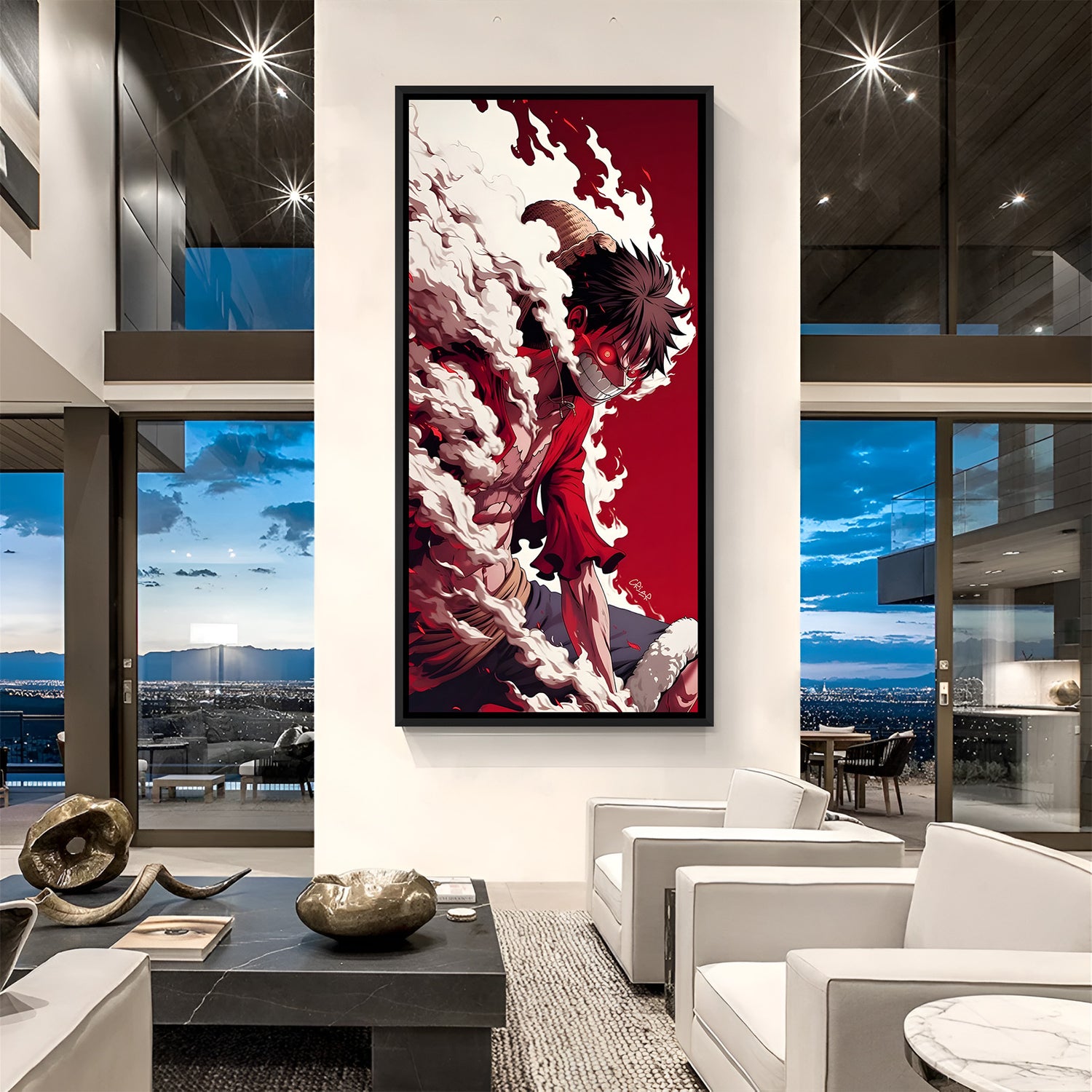 One Piece Monkey D. Luffy demon form canvas artwork in black floater frame with red devil aura anime wall decor