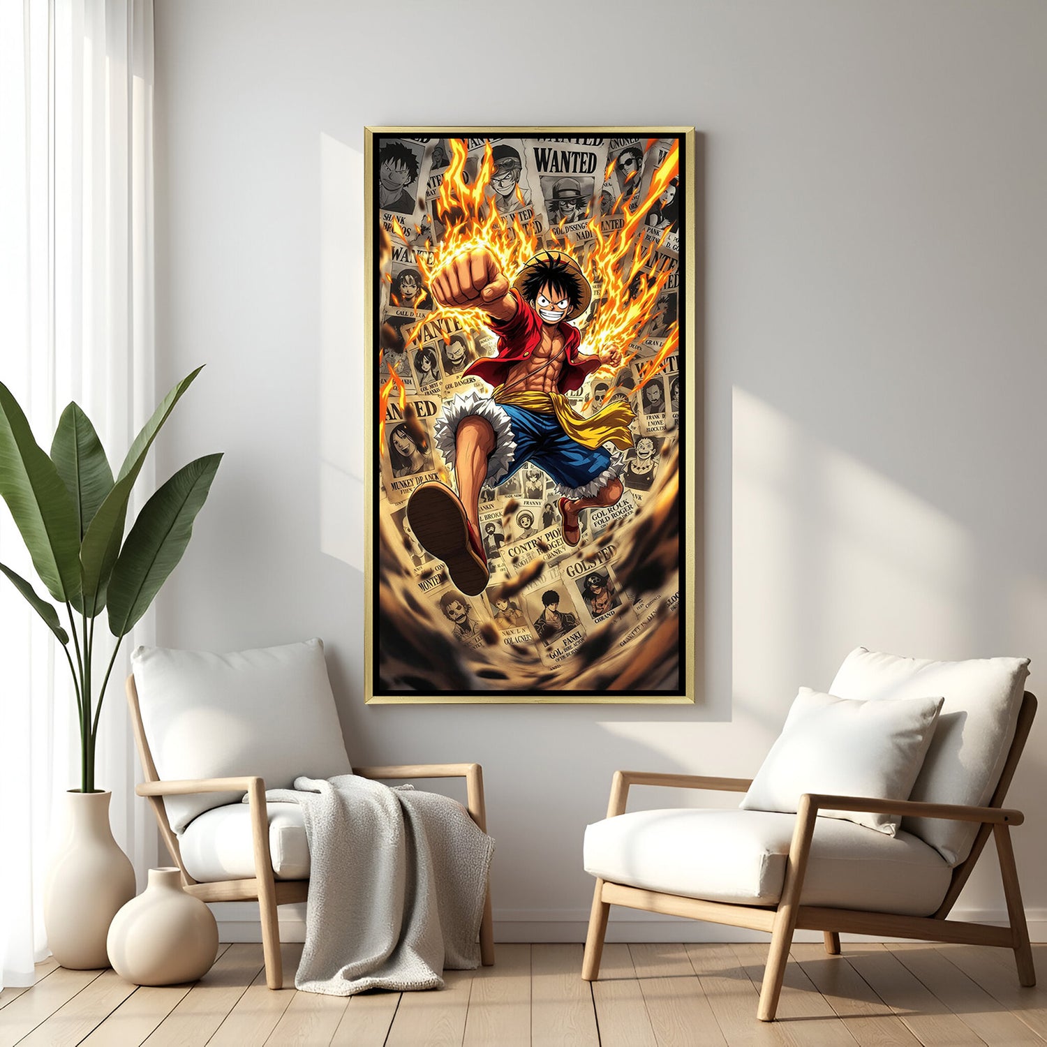Golden floater frame One Piece Luffy wanted poster canvas wall painting premium decor