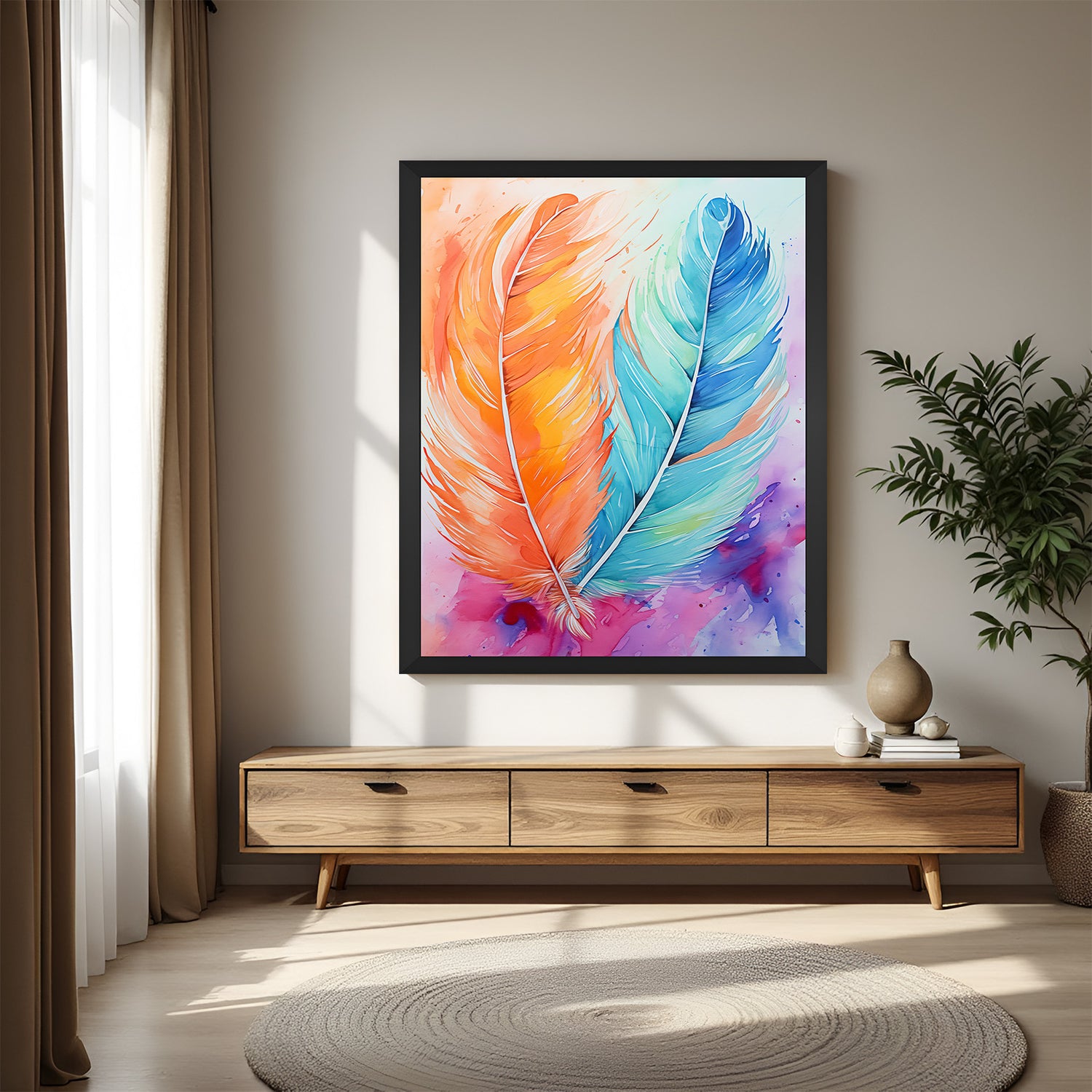 Black frame feather canvas print – abstract orange and blue feather artwork for stylish modern interiors