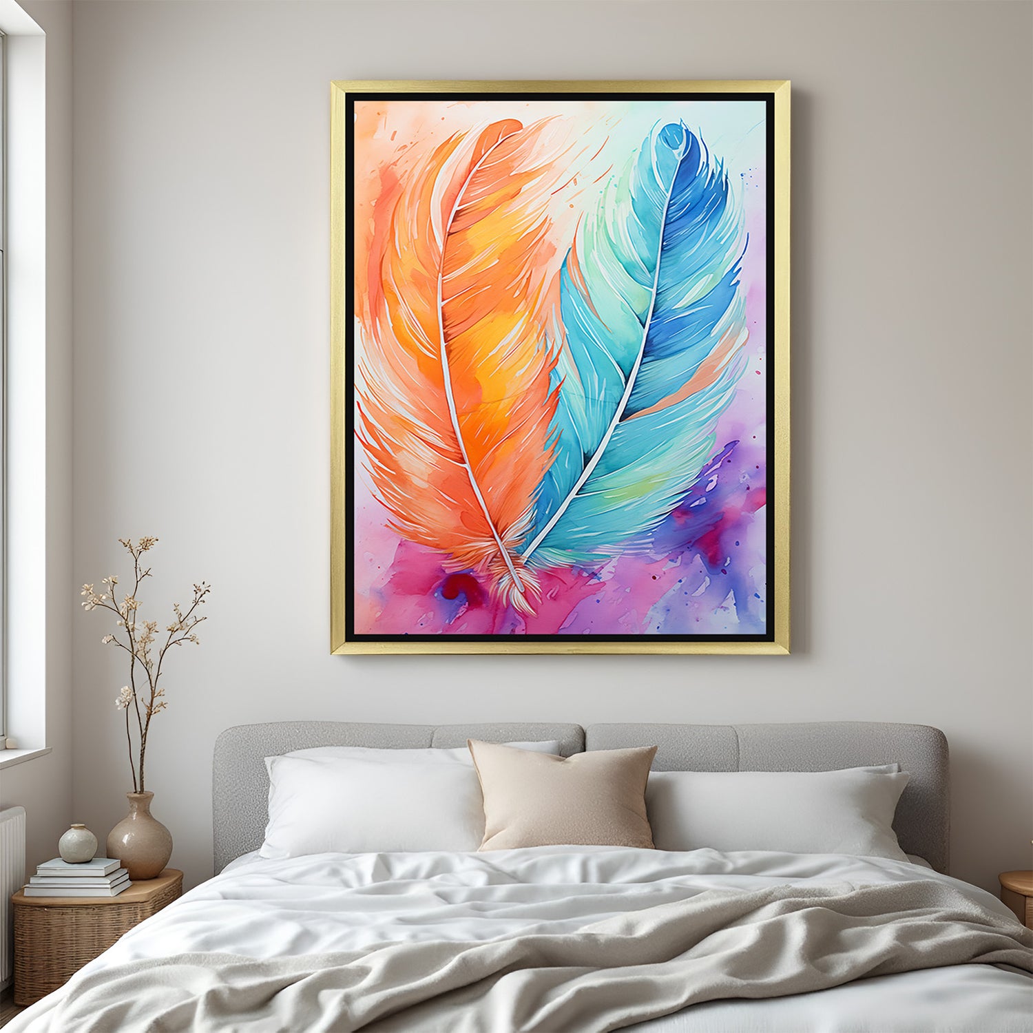 Golden frame abstract feather wall art – vibrant canvas painting with orange and blue feather design for elegant wall decor
