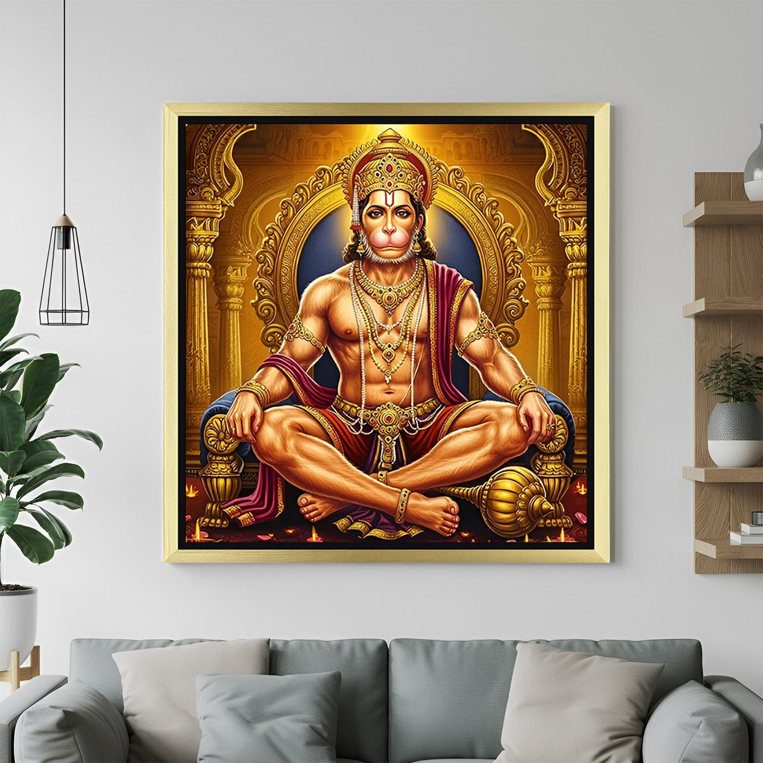Golden floater frame Lord Hanuman large canvas painting symbolizing strength and leadership for puja room decor