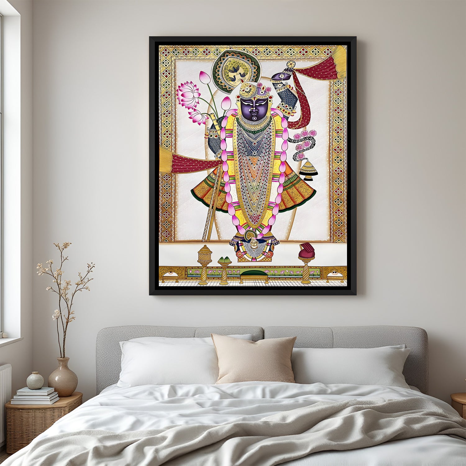 Royal Shreenathji lotus Pichwai painting in elegant black floater frame