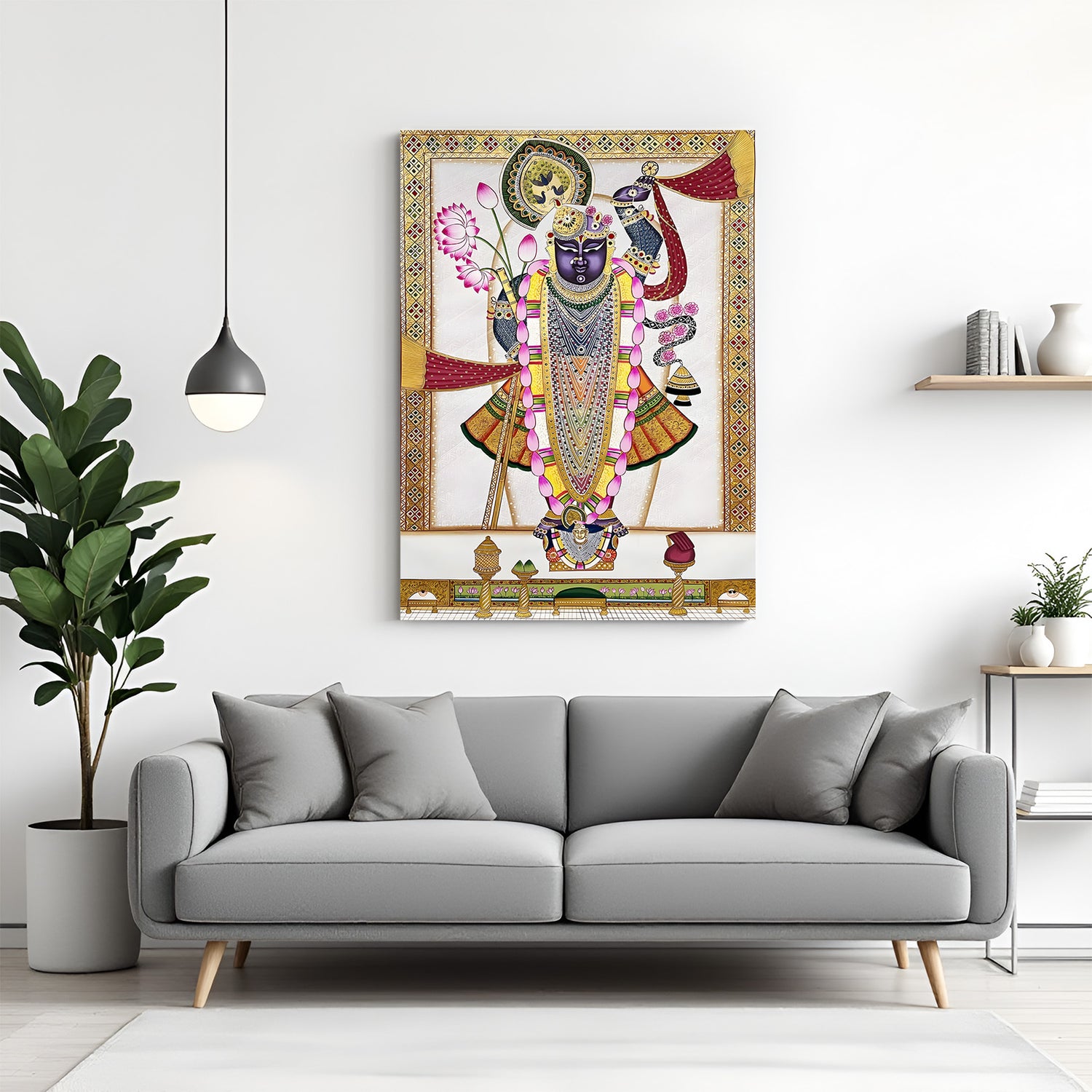 Shreenathji traditional Pichwai artwork with lotus motifs in premium canvas wrapped frame