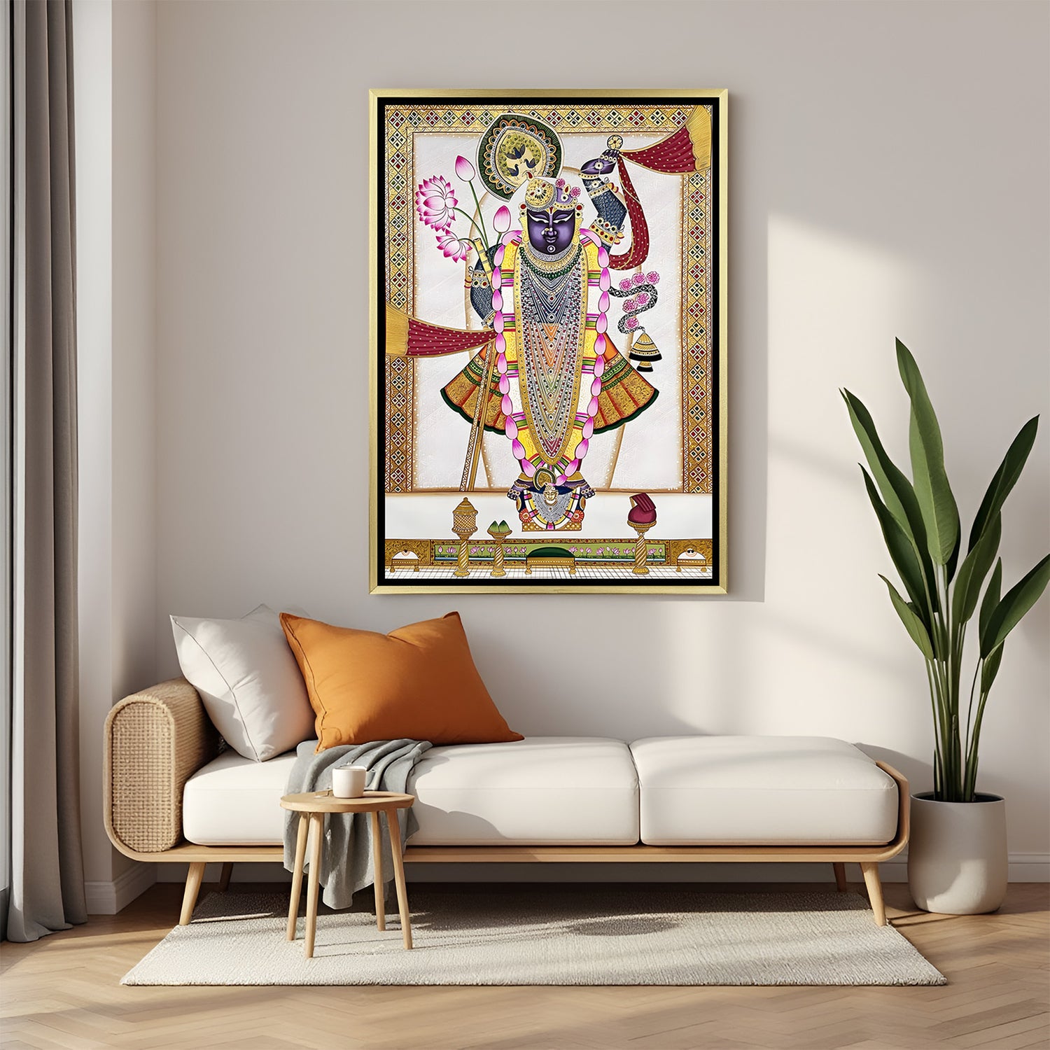Traditional Shreenathji canvas painting with lotus Pichwai design in luxurious golden floater frame