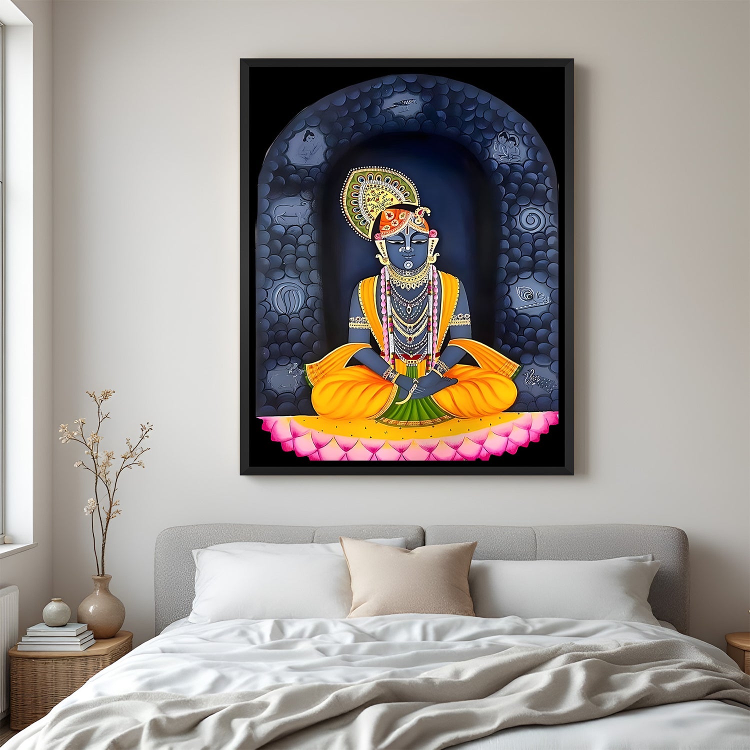 Modern Shreenathji artwork with gold accents and lotus base in elegant black floater frame