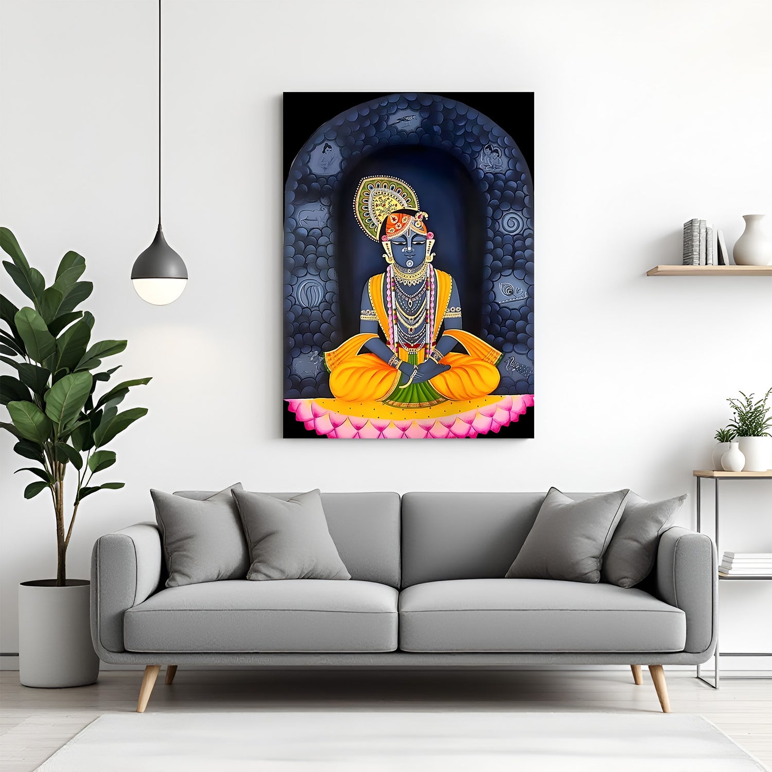 Contemporary Shreenathji canvas painting with intricate gold detailing and serene lotus base in premium canvas wrapped frame