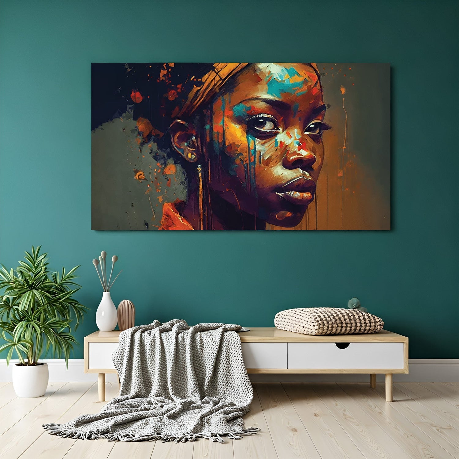 Canvas wall art showing a colorful abstract portrait of an African girl with paint-splashed style, ideal for modern and Afrocentric interiors