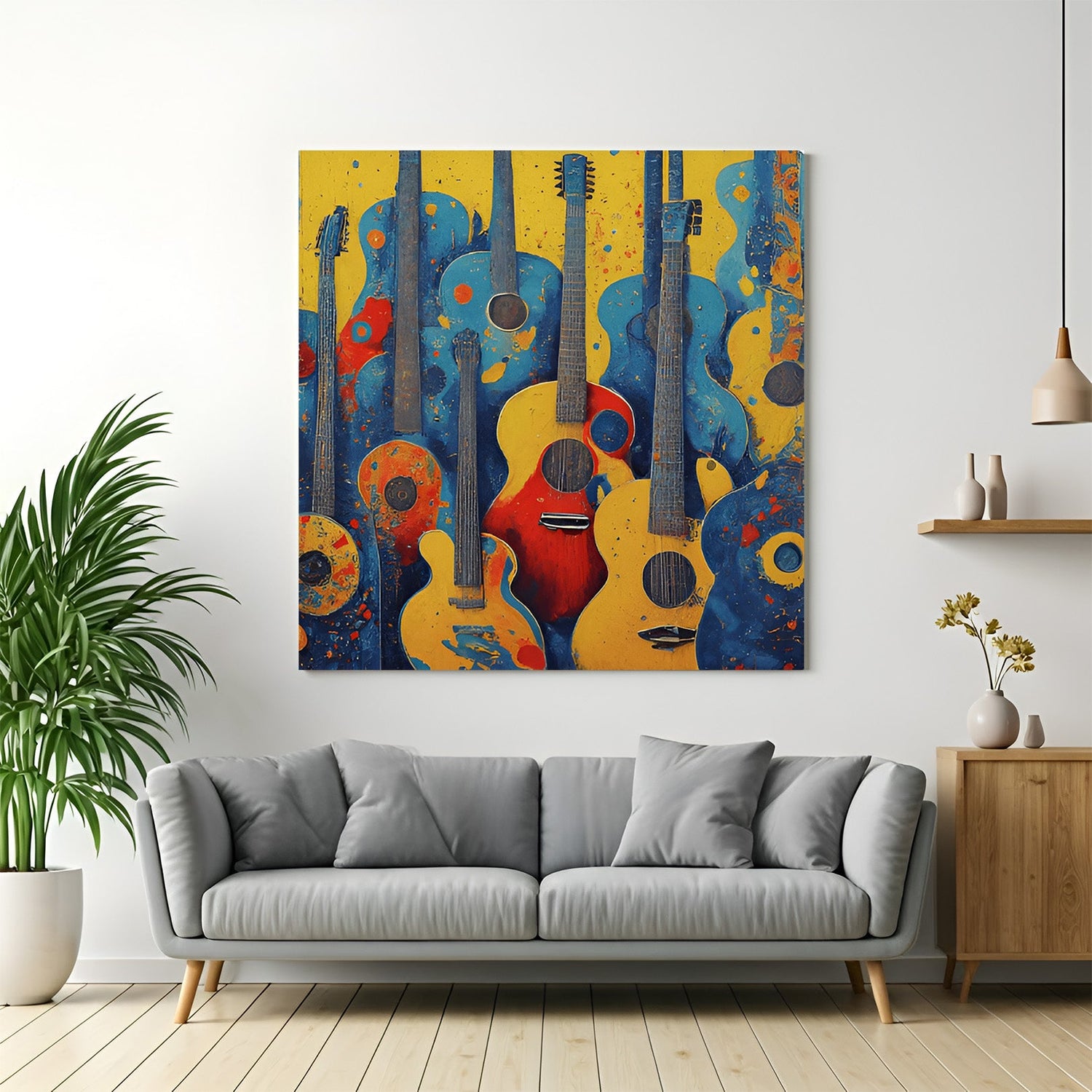 Paint splashed guitars abstract wall art – modern canvas print with vibrant painted musical instruments