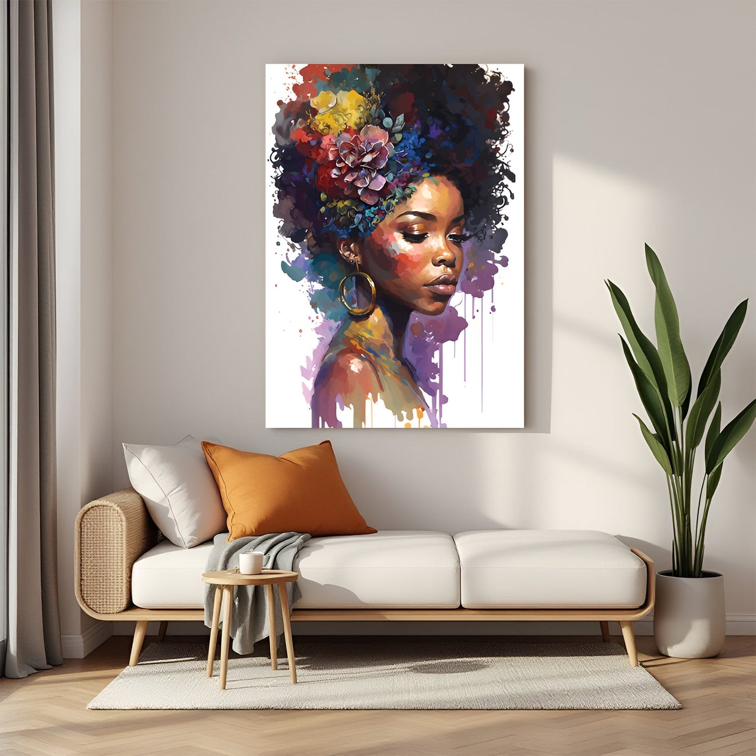 Canvas wall art of an African girl in expressive painted style on white background, perfect for minimalist and cultural interior decoration