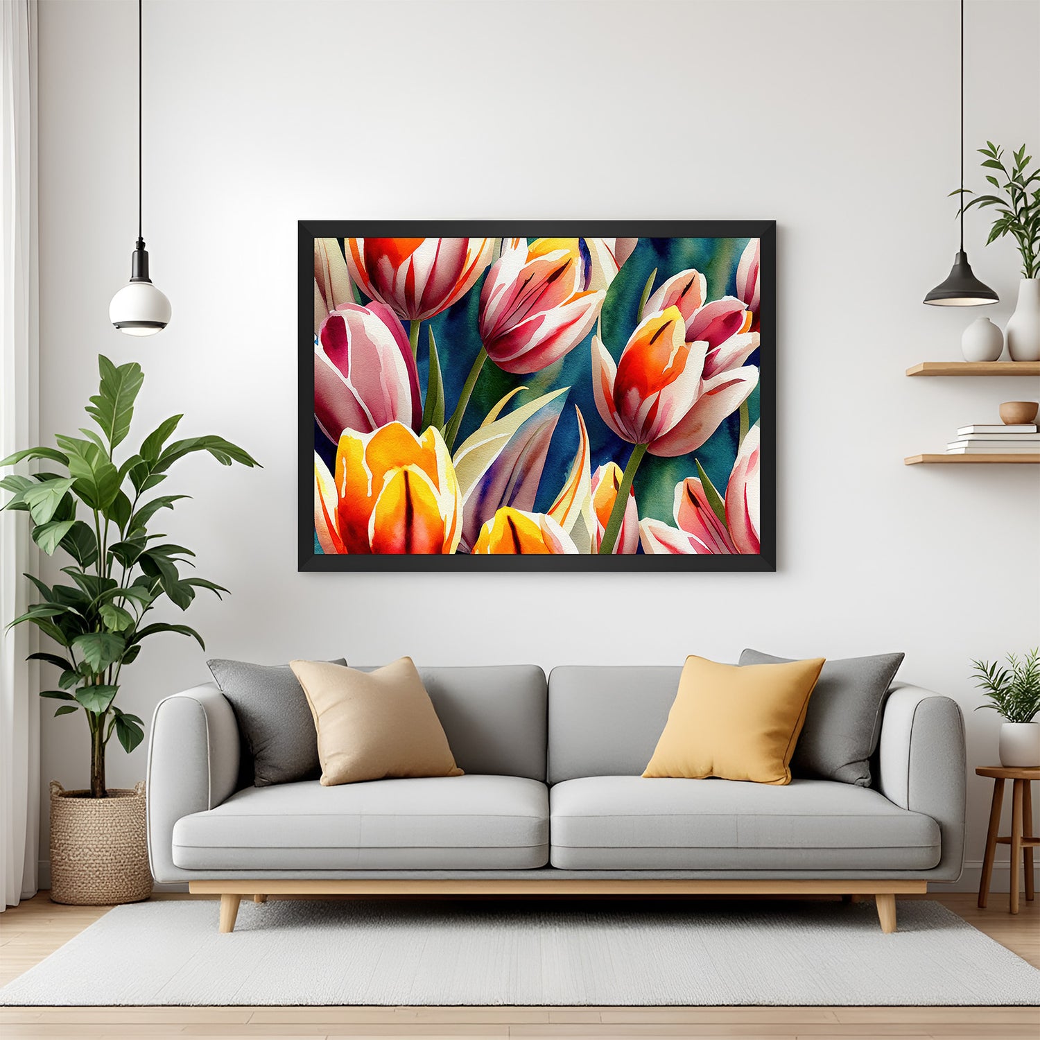 Framed canvas featuring artistic tulips in vibrant colors with a black floater frame, ideal for stylish and uplifting wall decor