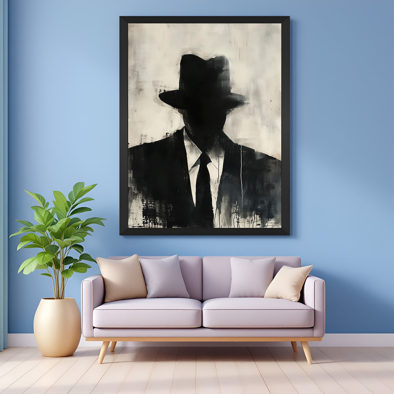 Black-framed modern art canvas showing a hitman-style man in painted form—perfect for statement decor in gaming setups, bachelor pads, or offices