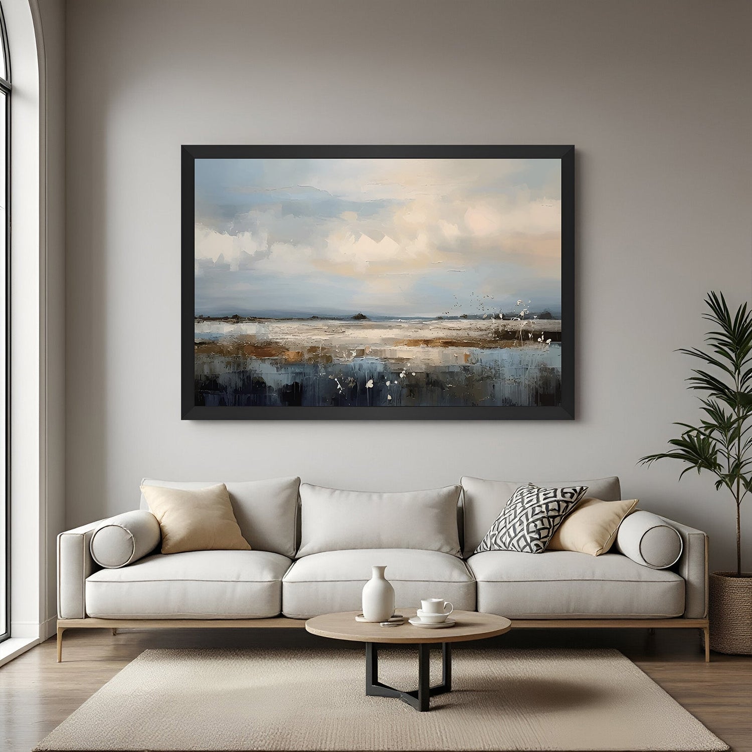Minimal sky and land canvas painting with soft brush strokes, framed in black floater for subtle and peaceful contemporary wall styling