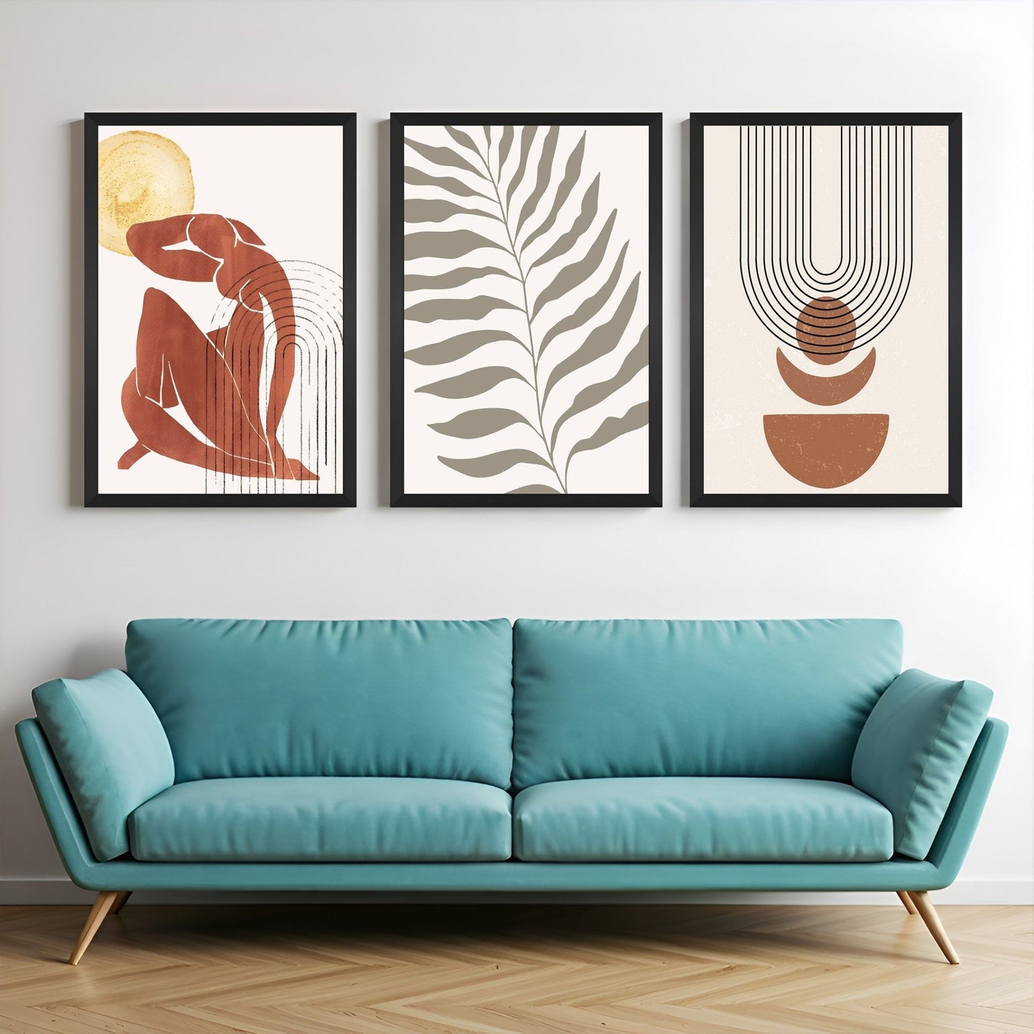 Boho wall art trio with a colorful woman portrait, nature-inspired leaf art, and simple brown-toned line design – ideal for earthy decor