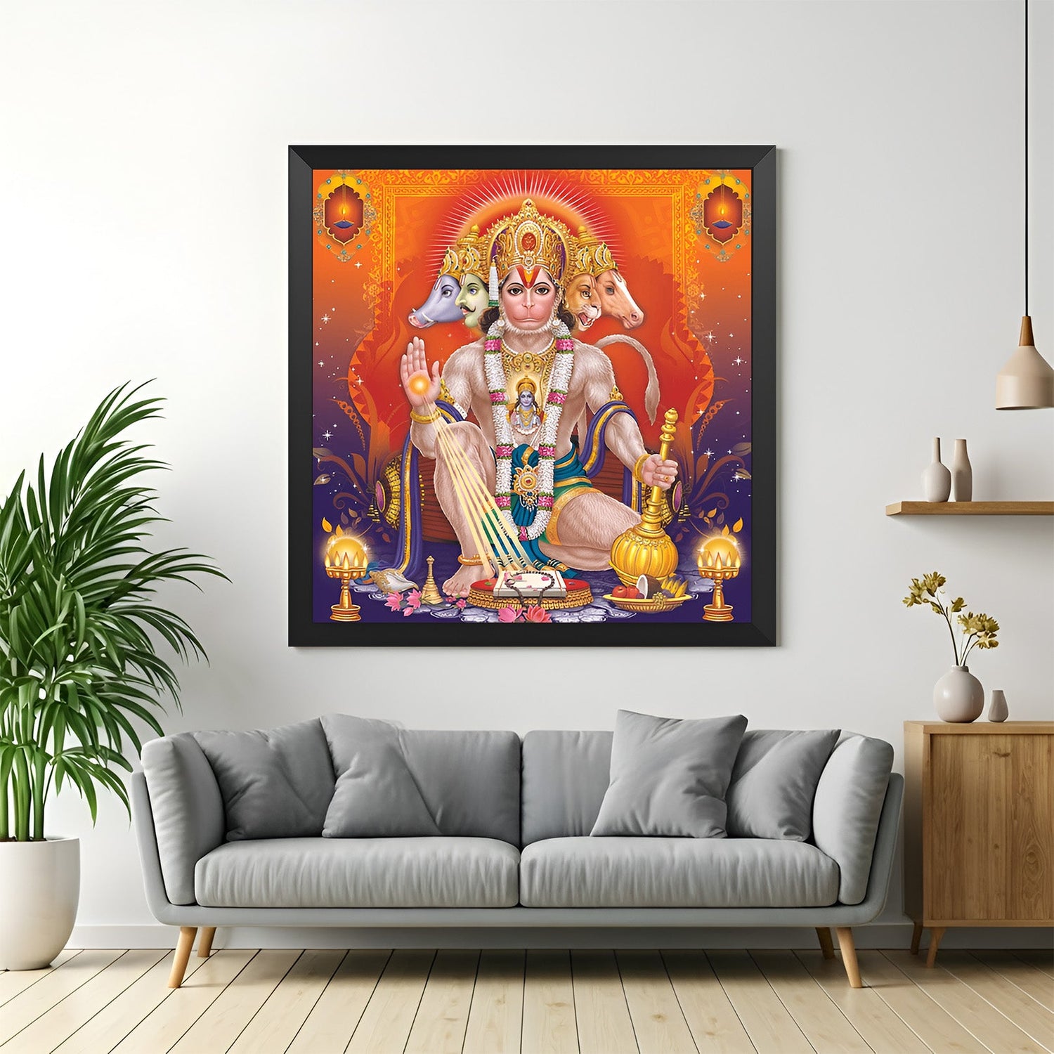 Panchmukhi Hanuman Ji canvas painting in black floater frame for spiritual home and office Vastu wall decoration