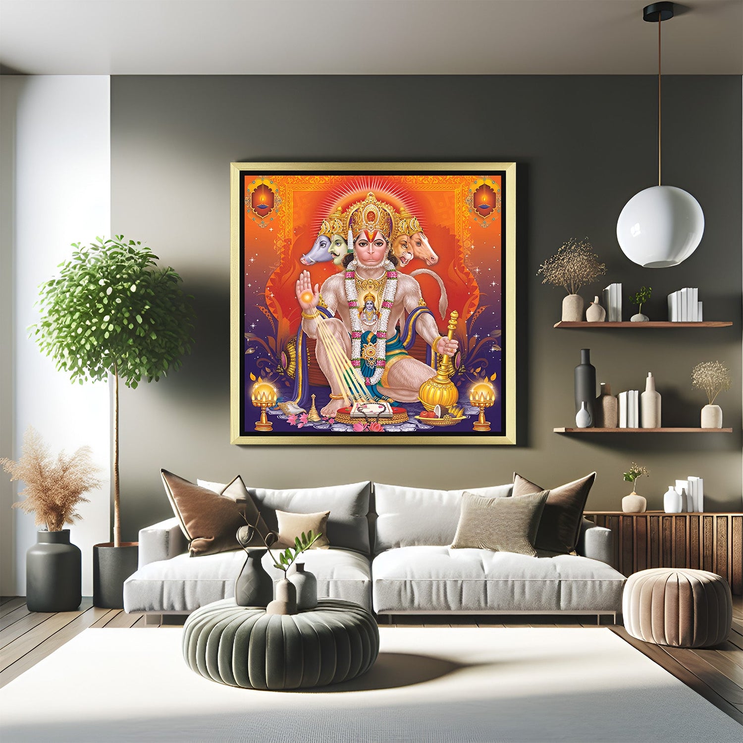 Golden frame Panchmukhi Hanuman Ji wall art for powerful Vastu decor in home and office interiors