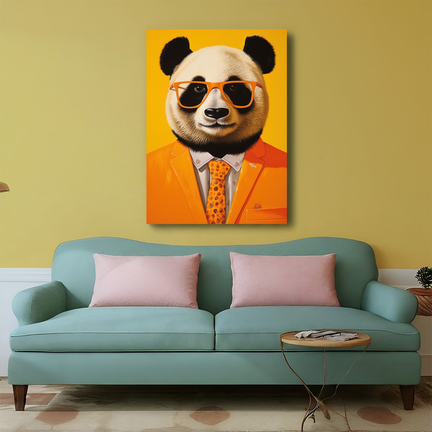 Cute panda wearing stylish glasses painted in modern style, perfect animal wall art for quirky and cozy interiors