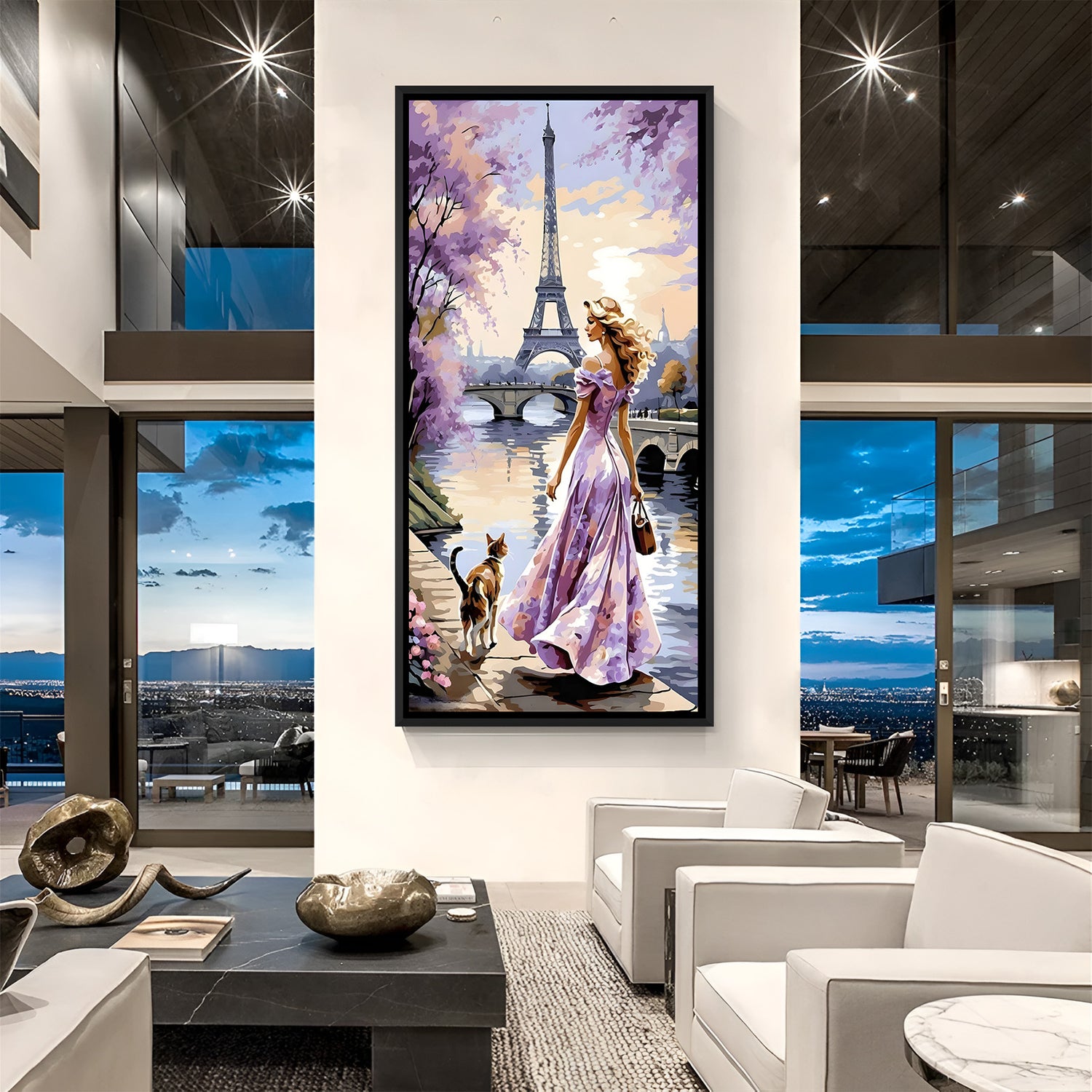 Modern Paris riverside artwork with woman and car near Eiffel Tower in elegant black floater frame