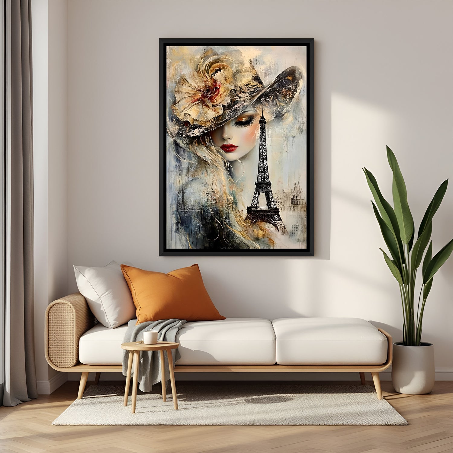 Paris fashion lady wall painting in black floater frame for elegant modern decor
