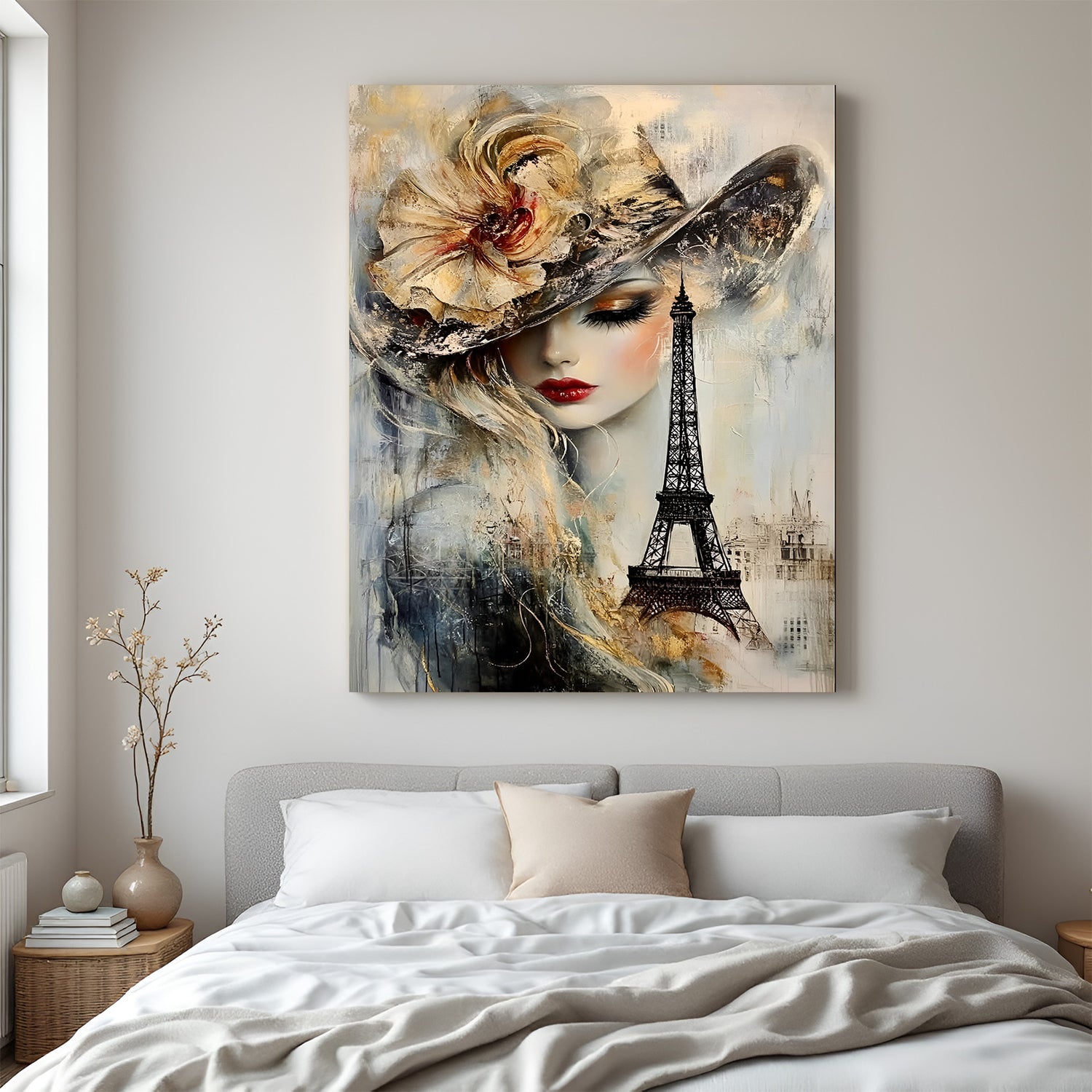 Paris fashion lady canvas wall art wrapped on stretcher frame displayed in modern home decor