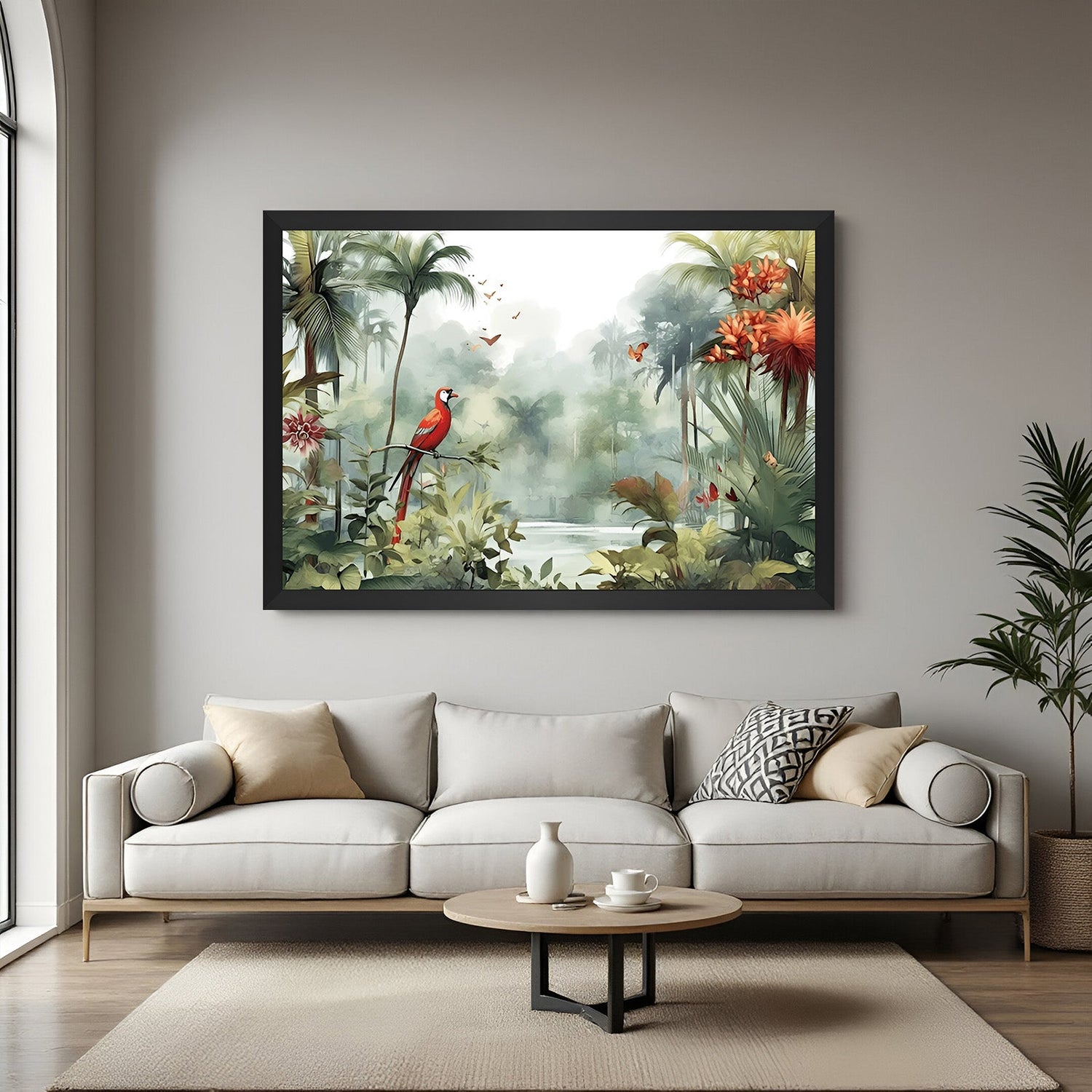 Jungle parrot scene canvas painting with black floater frame, blending colorful wildlife and water elements for calm and vibrant interiors